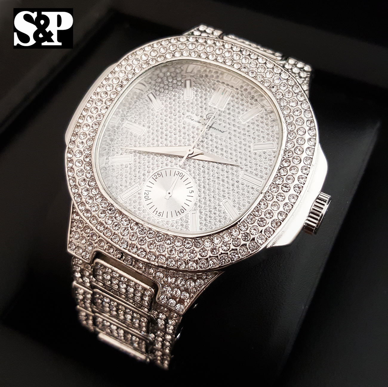 Men’s Luxury Urban Style Bling White Gold PT Simulated Diamond Bracelet Watch