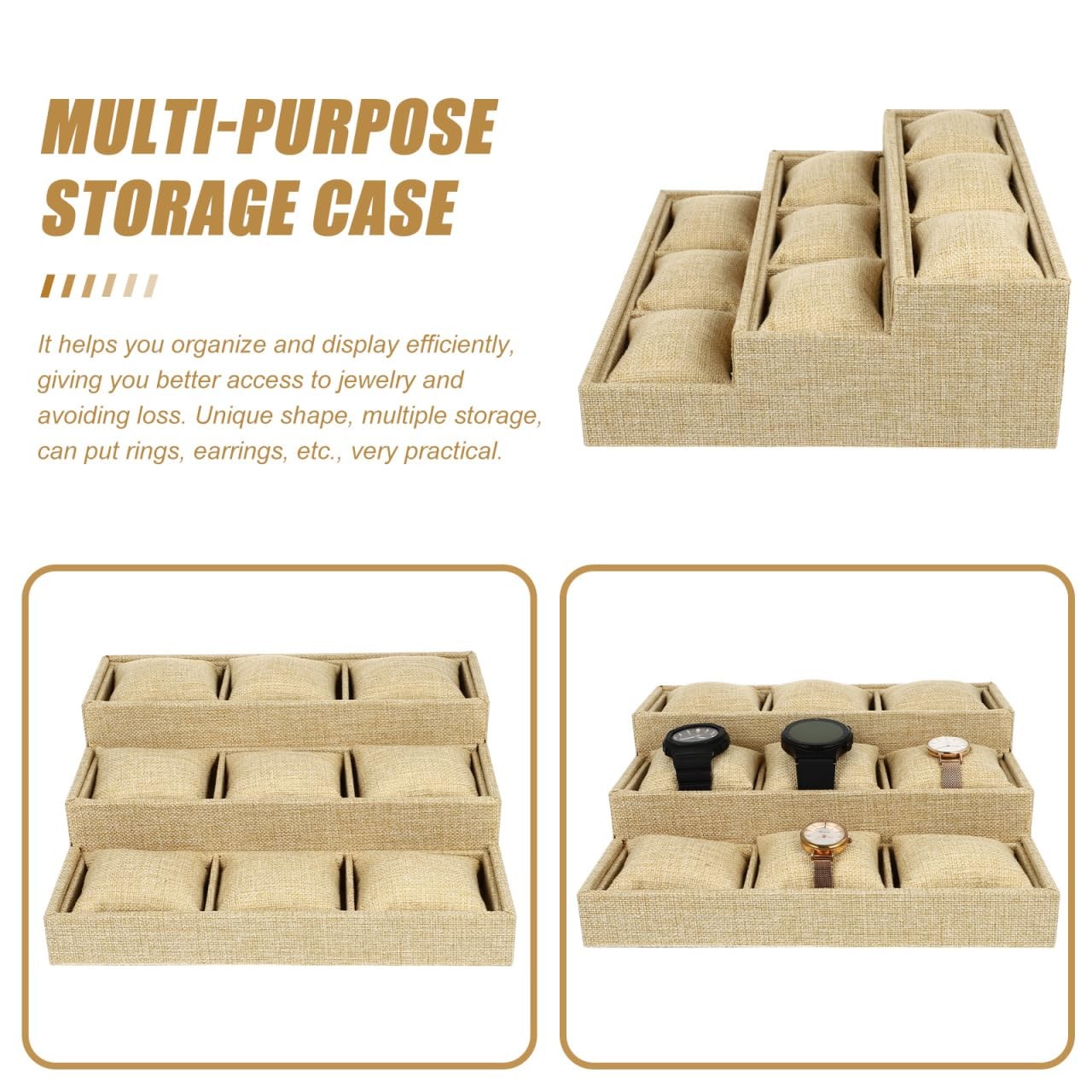 Watch Tray Organizer with 9 Soft Pillows Multi-Grid Jewelry Storage Display f…