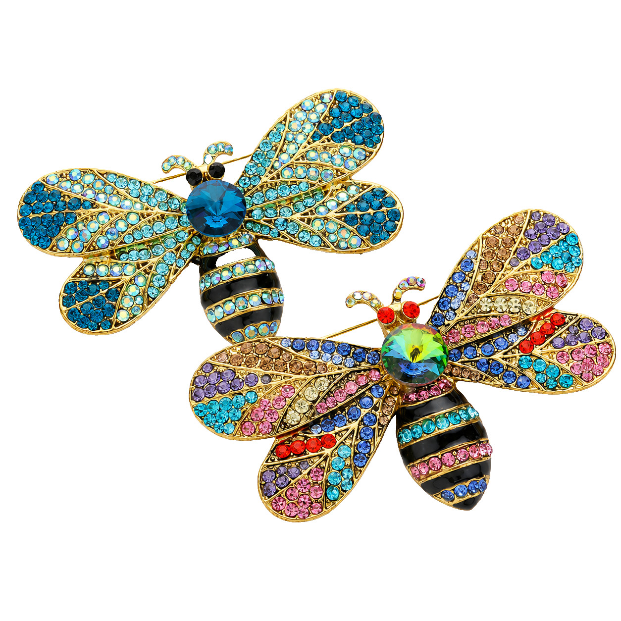 2pcs Rhinestone Bumble Bee Brooch Pin Crystal Honey Bee Insect Gold Tone Blue Mu