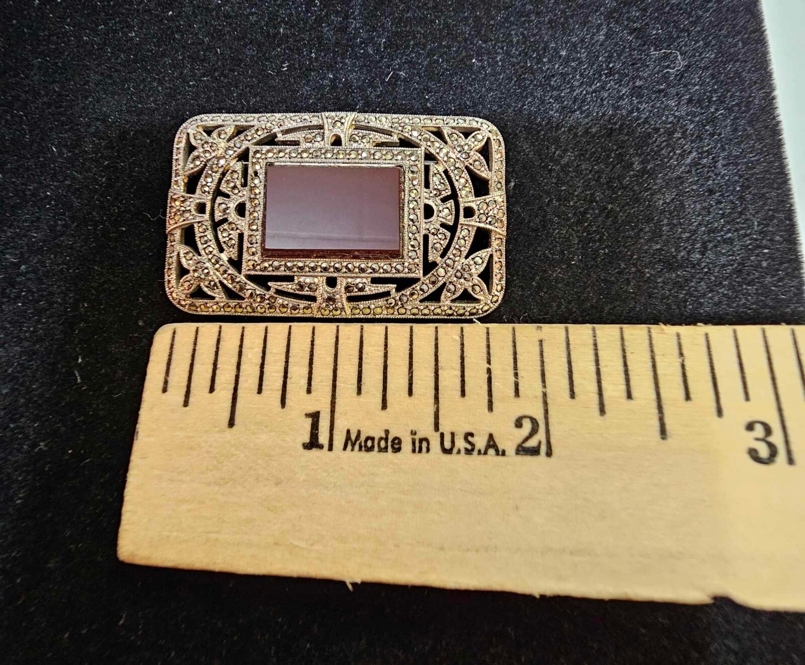 Vtg Art Deco Sterling Silver w Carnelian & Marcasite Rectangular Brooch Pin- S29