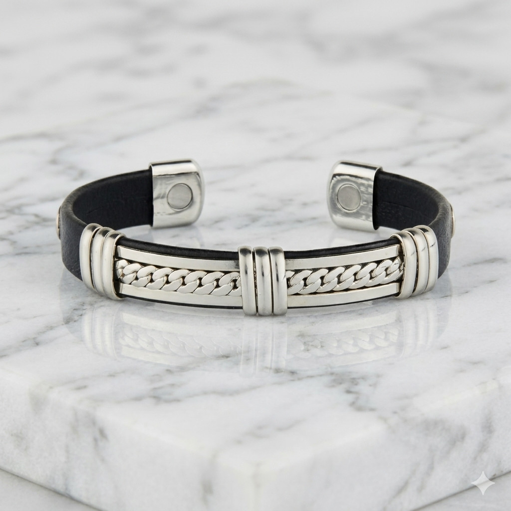 Solid Copper Leather Wrapped Magnetic Bracelet Arthritis Pain Therapy Cuff IV
