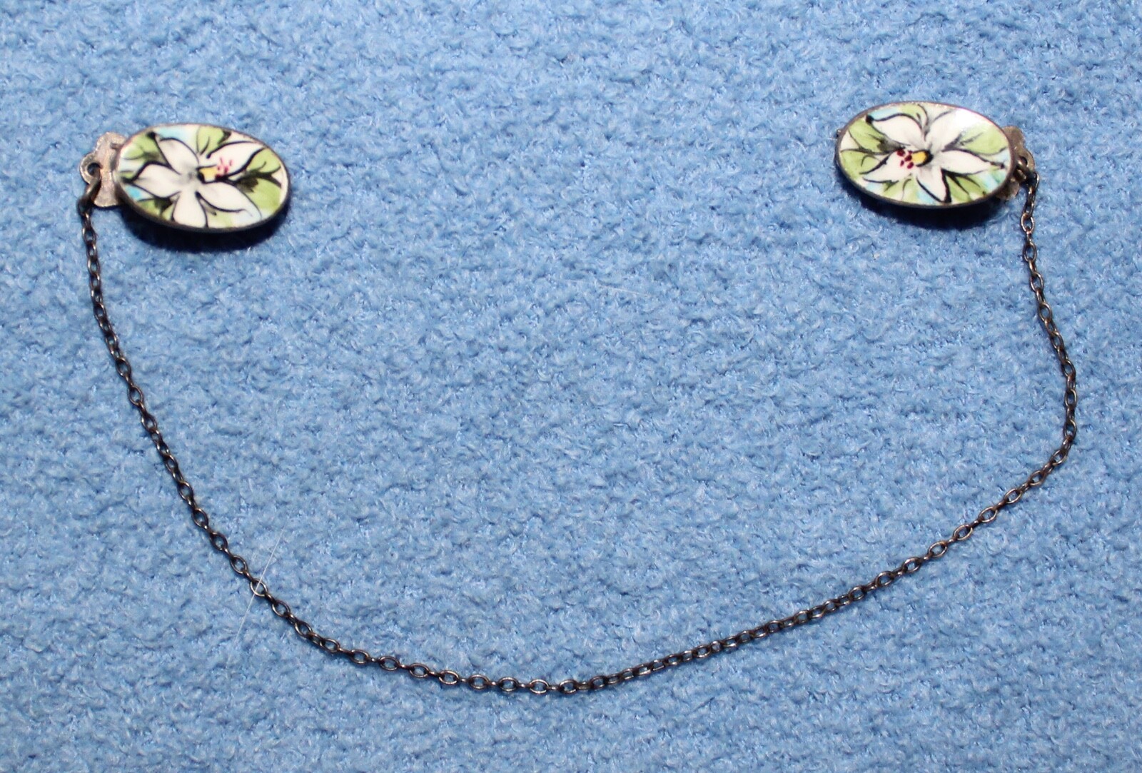 Antique Silver Plated Enamel Flower Sweater Chain Clip
