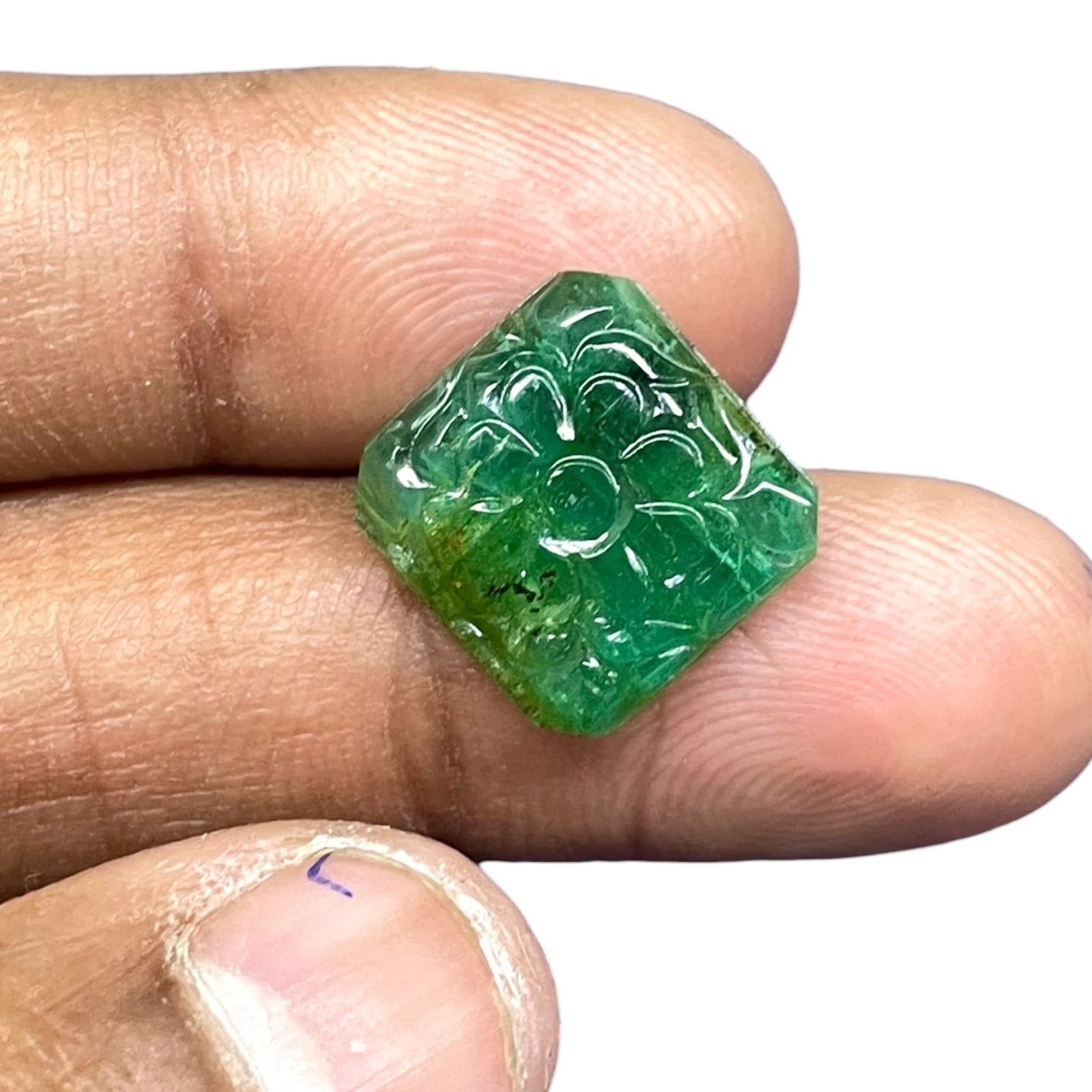 6.70 Cts Natural Zambian Emerald 14×13.7mm Rich Green Carved Untreated Gemstone