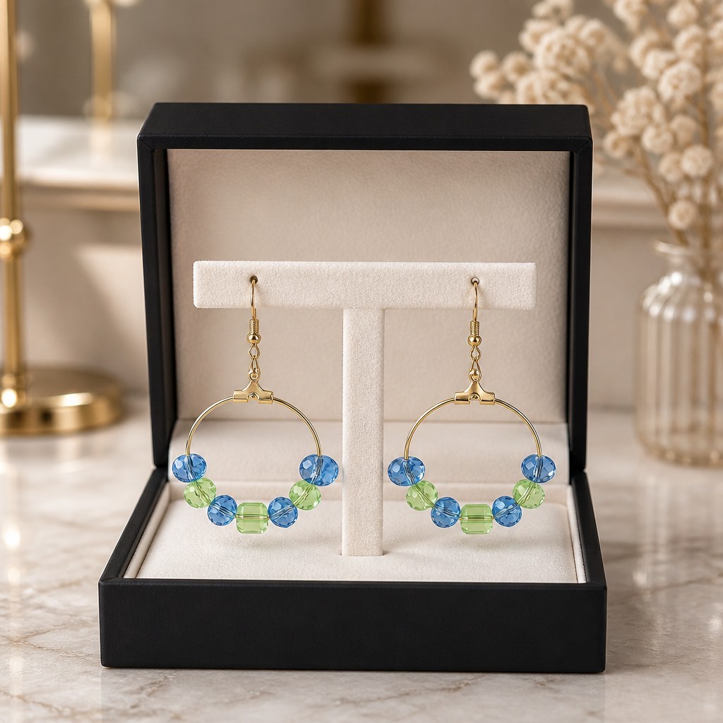 Handmade Glass Bead Hoop Earrings Blue Green Gold Tone Dangle Boho Lightweight