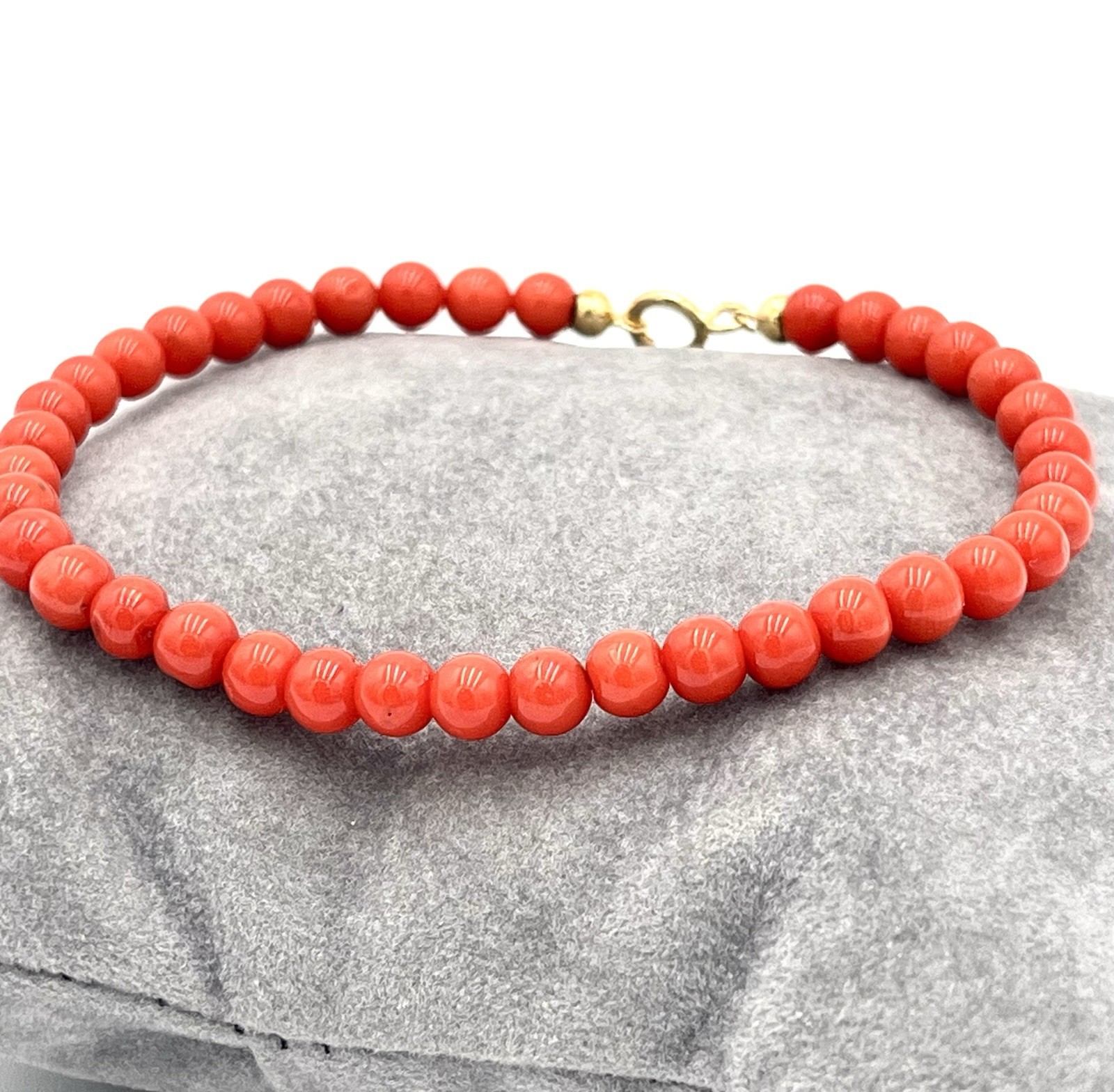 Natural Mediterranean Red Coral Bracelet 5mm 18kt Gold 21cm Made in Italy