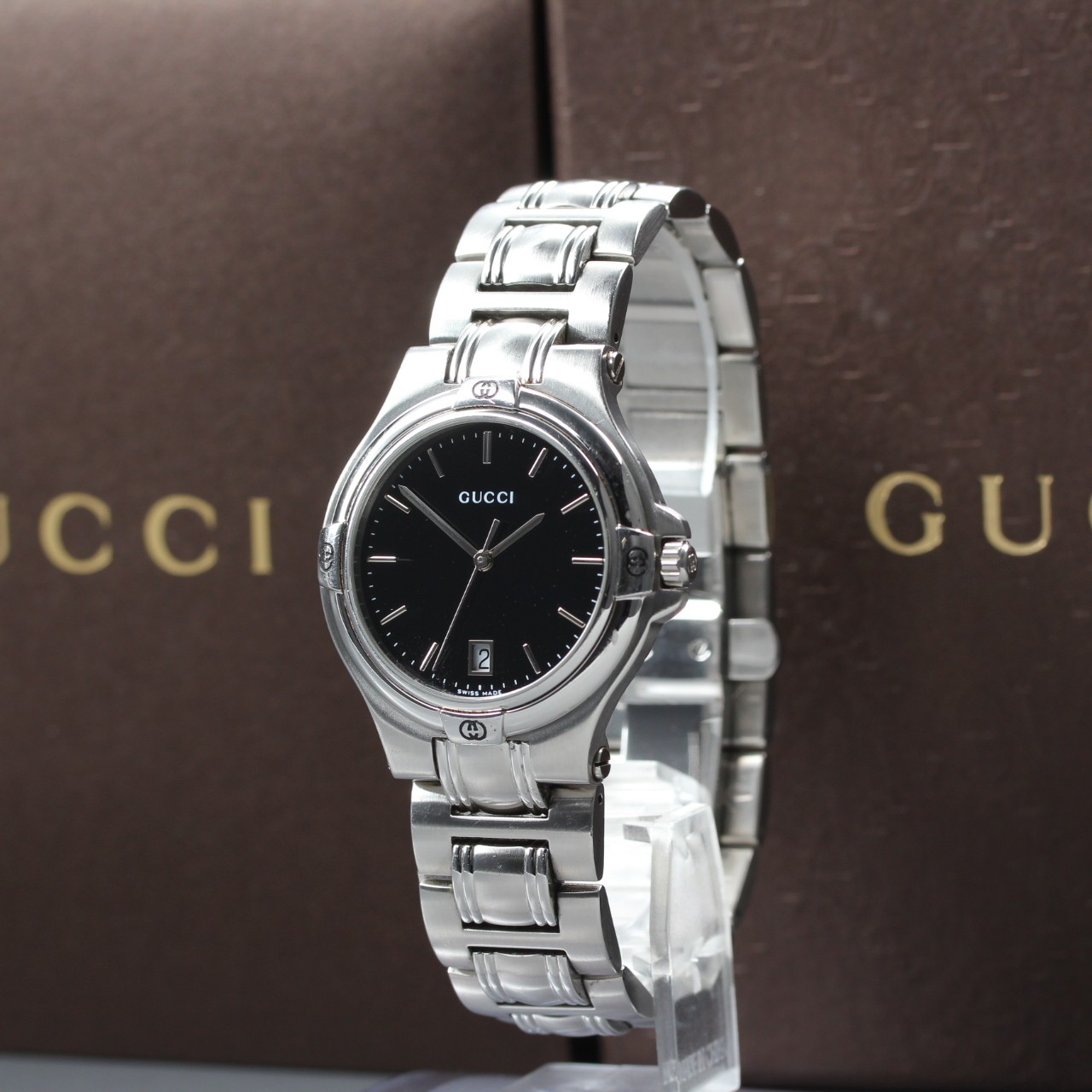 [Near MINT w/Box] GUCCI 9040M 35mm Black Dial Date Quartz Men’s Watch 7.68′