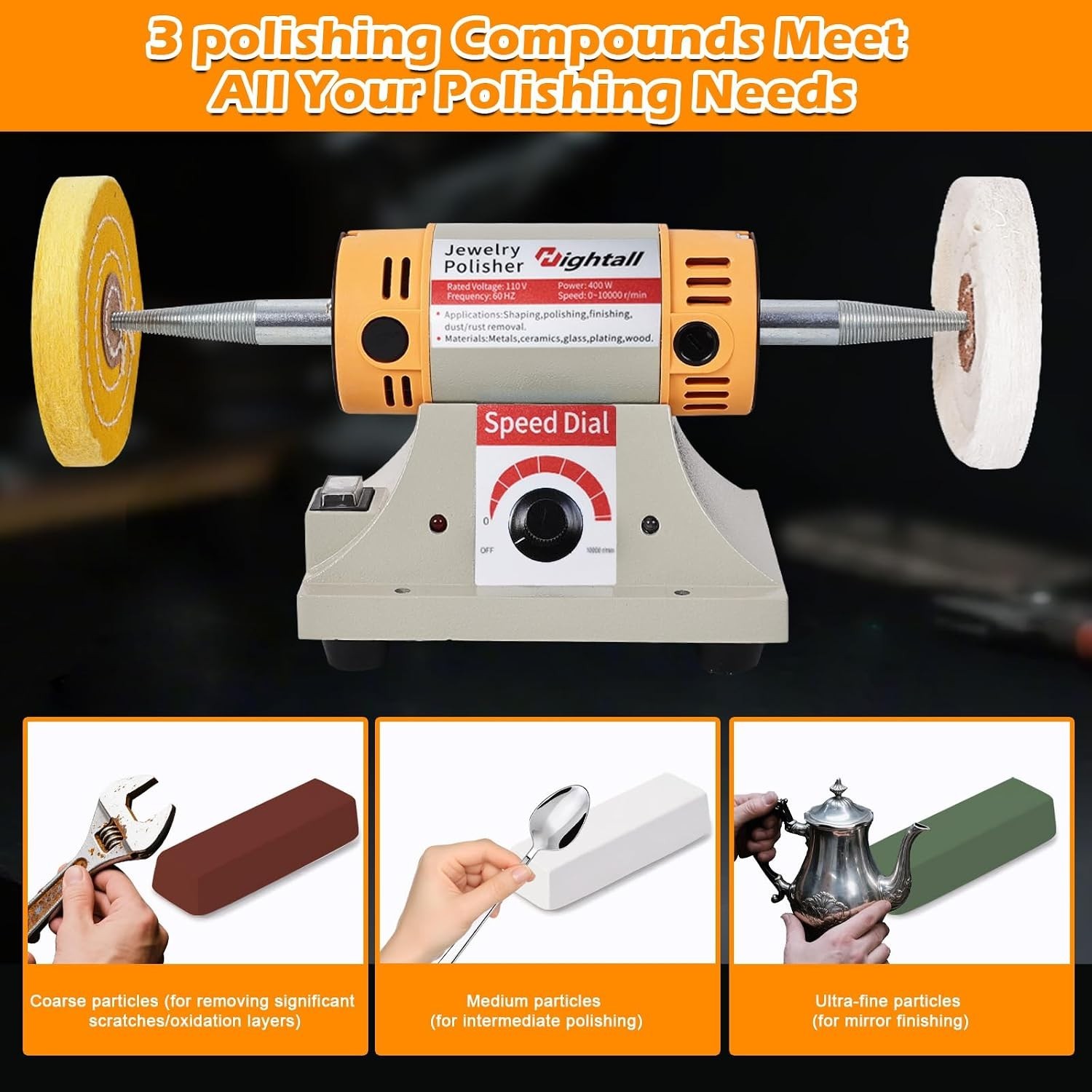 Jewelry Polisher 400W Bench Grinder Kit, 10000 RPM, 6 Cotton Wheels, Pro Finish