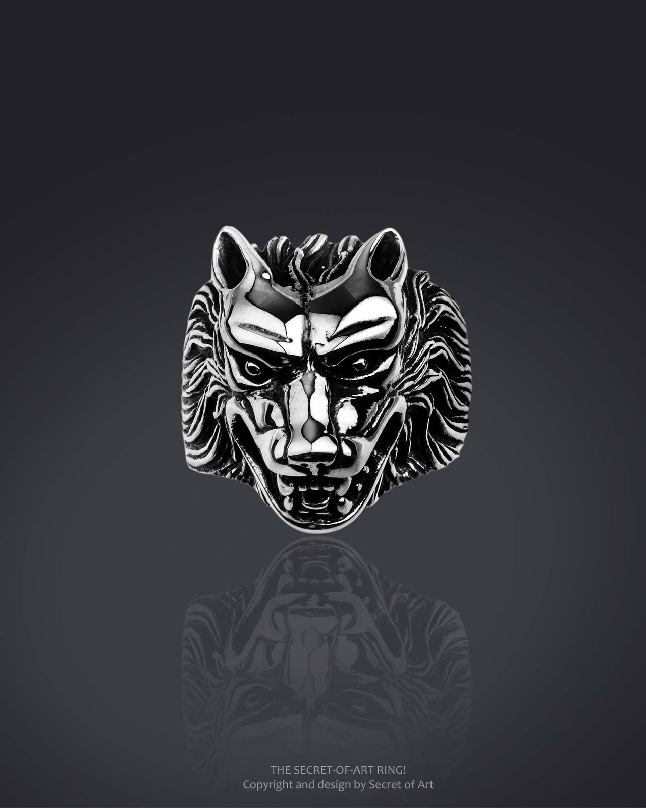 Wolf Ring Silver 925 huge 3D Wolfhead Biker Rocker Mens jewelry US-size 8-13