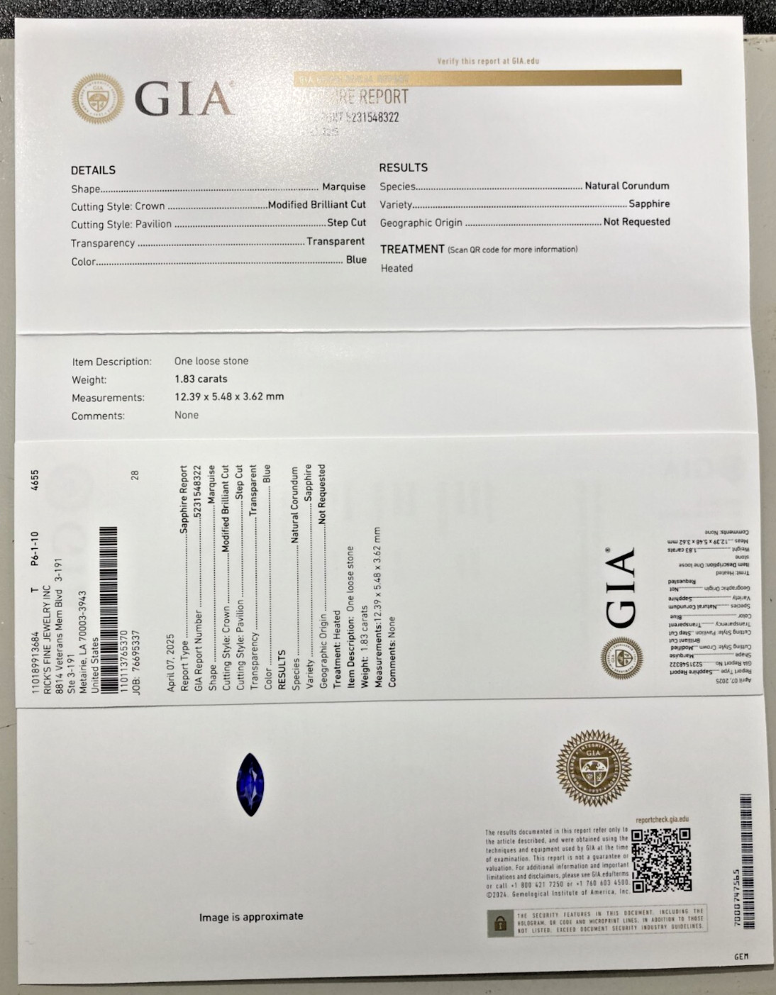 G I A Certified 1.83 ct. Natural Blue Sapphire Loose Marquise