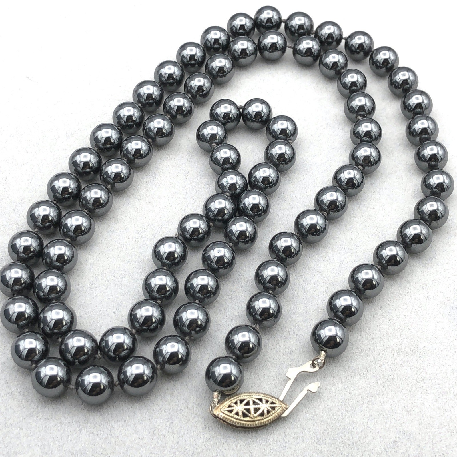 Vintage Hematite Bead Necklace 8mm Knotted 30 in Opera Length Filigree Clasp