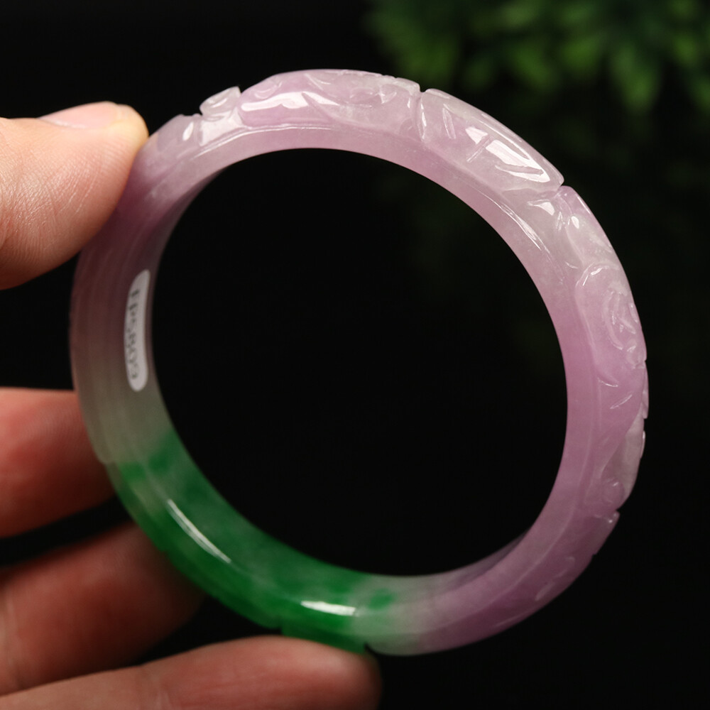 55mm Lavender Purple Green Jadeite Jade Bracelet Bangle Bat Coin 福在眼前 A-11671