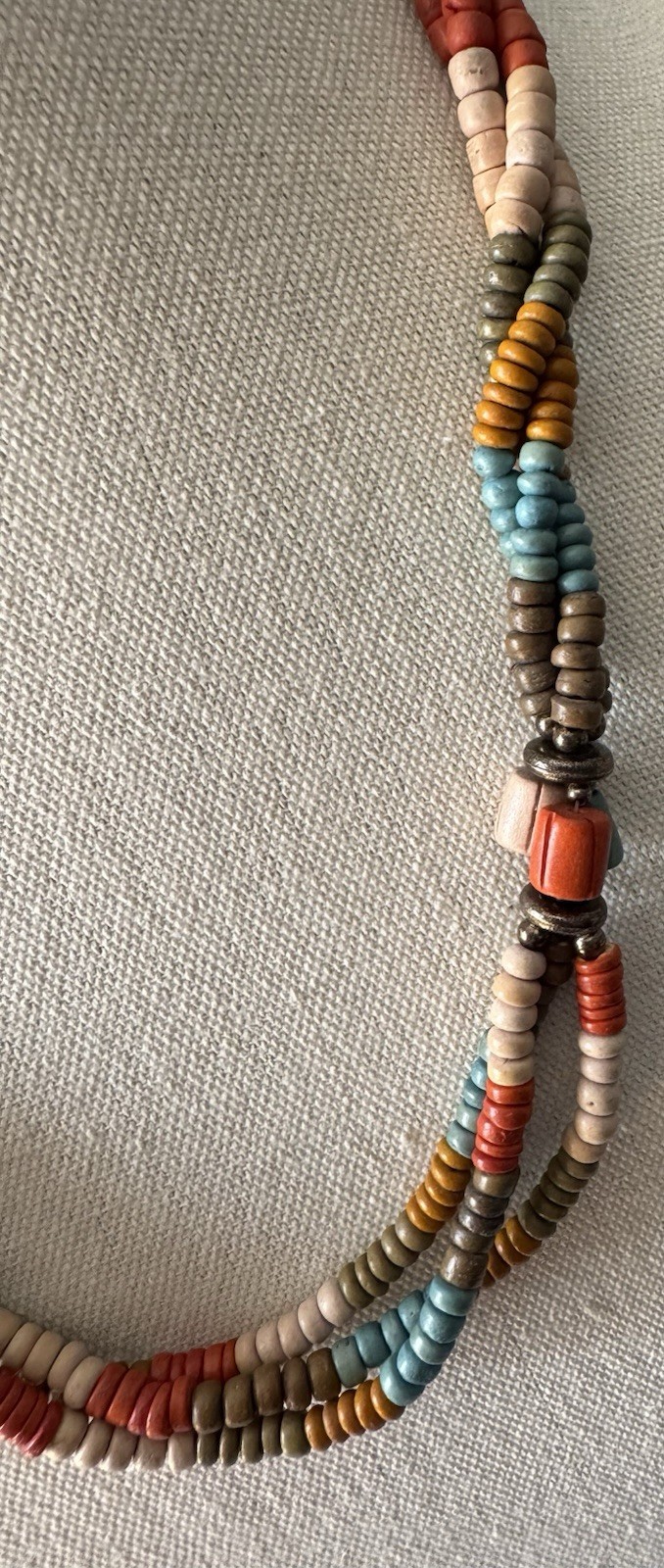 Vintage 1970’s Boho Wood Beaded Layered Necklace In Fall Colors 20”