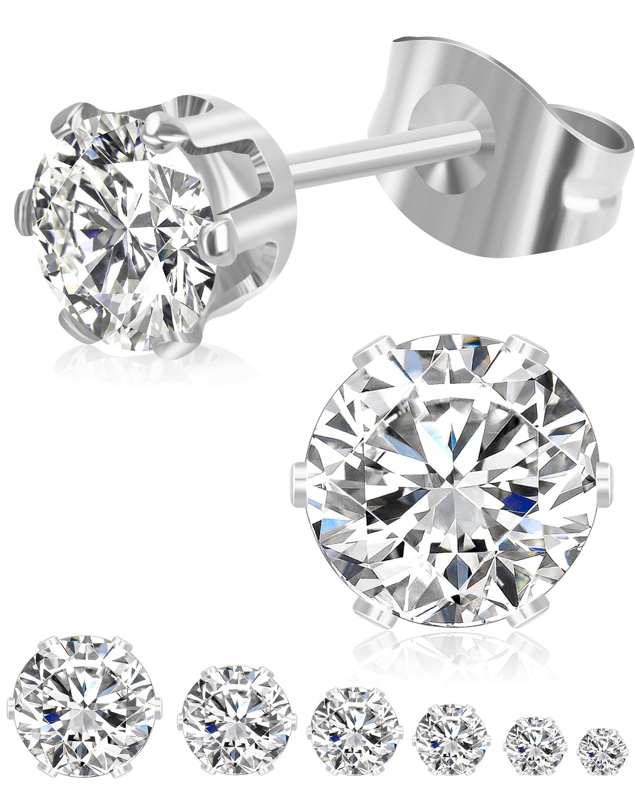 6 Pairs Stud Earrings Set, 3mm, 4mm, 5mm, 6mm, 7mm, 8mm, Silver – 6