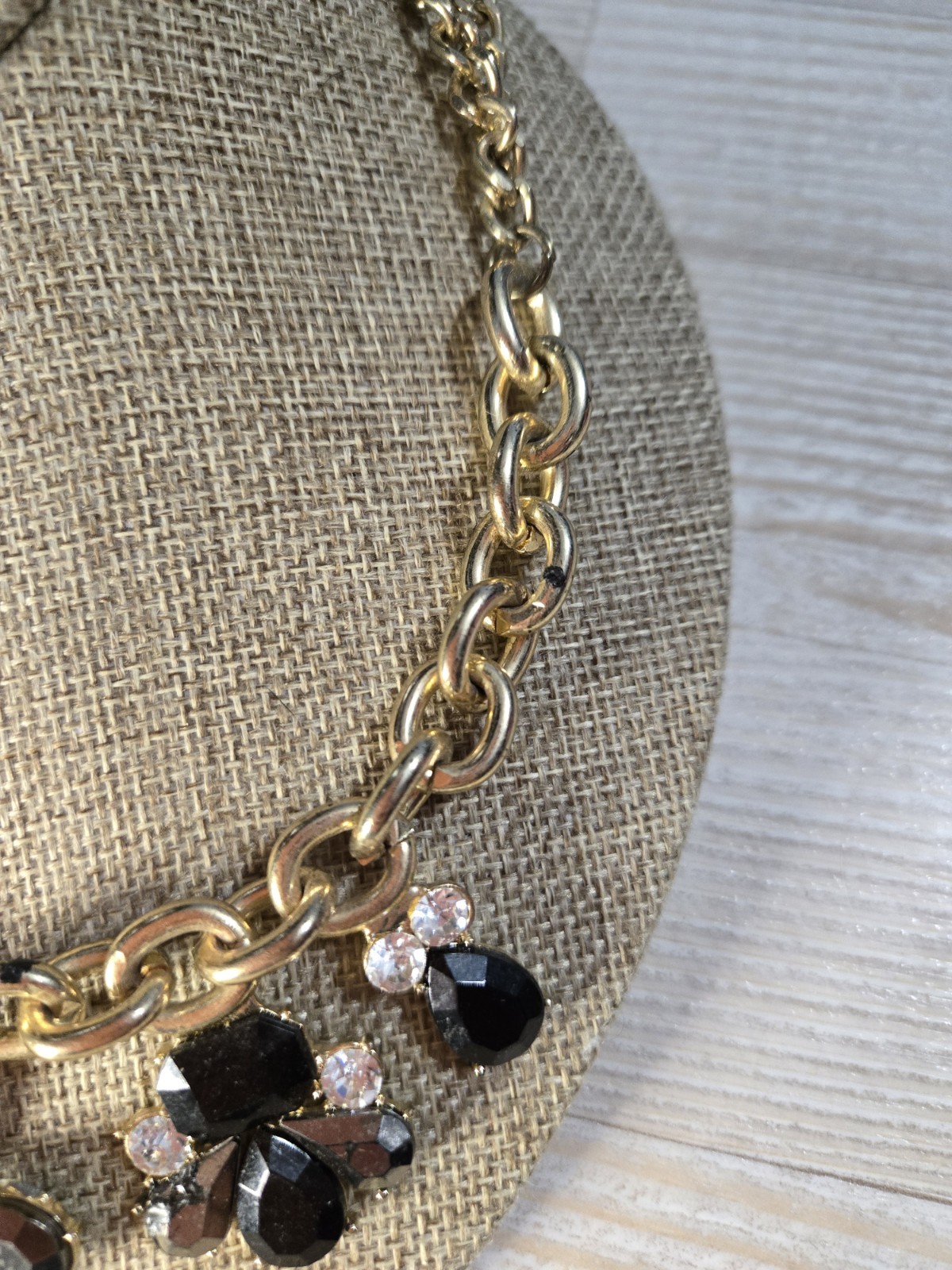 Gold Tone Statement Bib Necklace Black Crystal Rhinestone Floral Cluster Bold