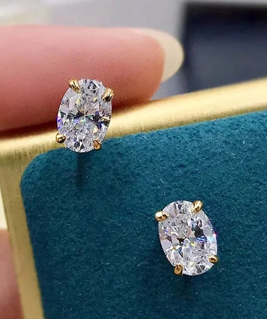Oval Cut 2Ct Lab Created Diamond Solitaire Stud Earrings 14K Yellow Gold Plated