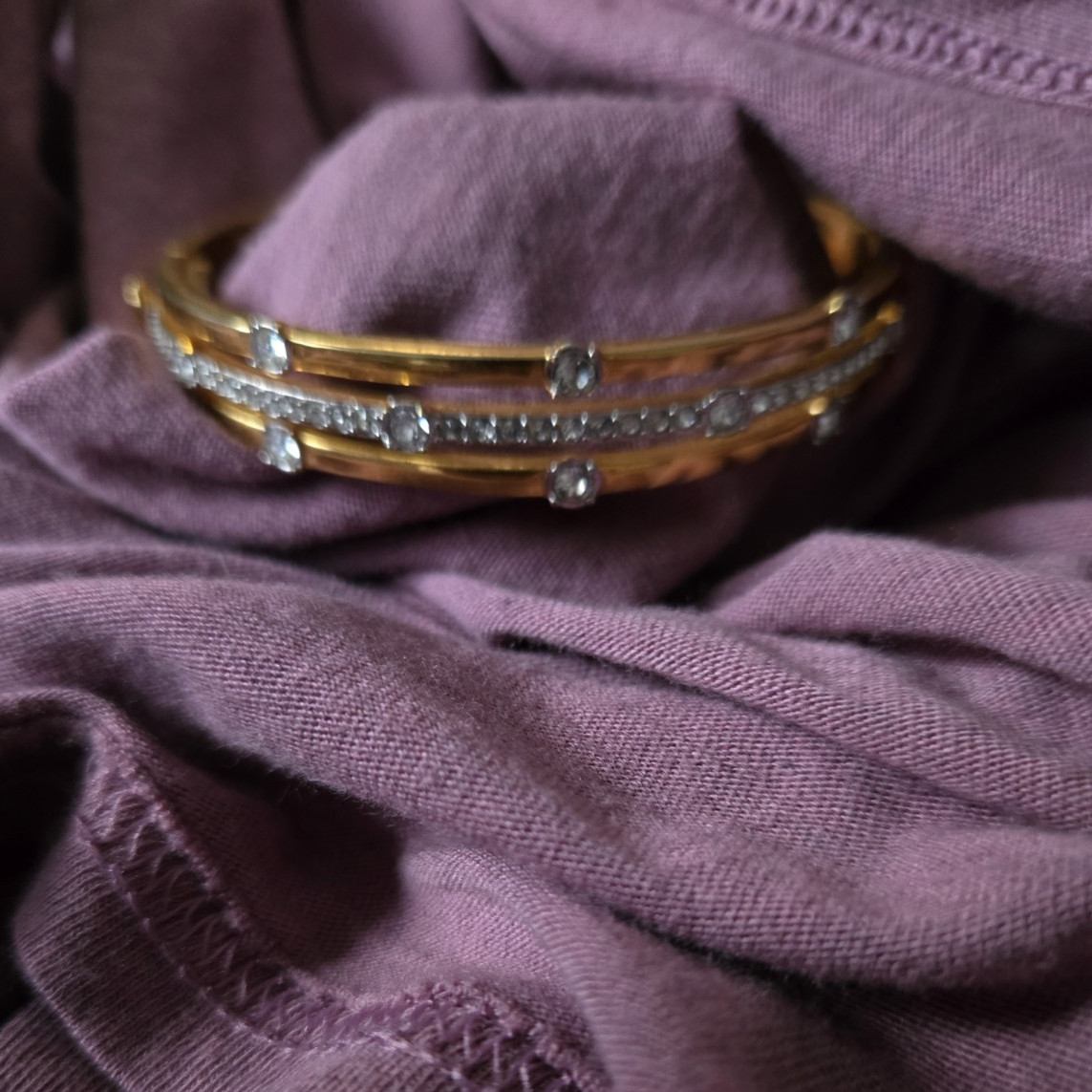 Gold Tone Hinged Bangle Bracelet with Clear Round Crystal Rhinestones, Signed