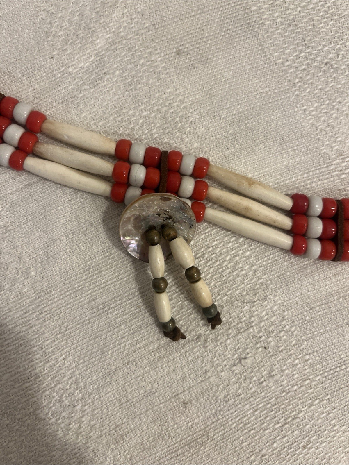 Vintage Native American Bone ?Abalone Leather Choker Necklace mother of pearl