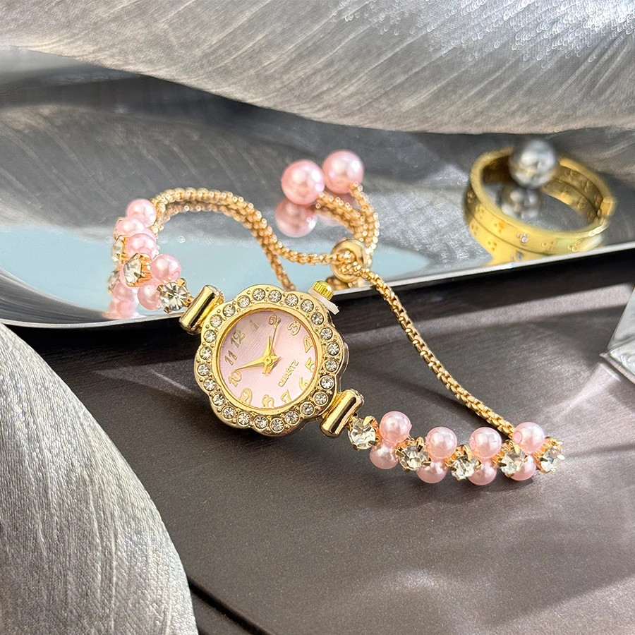 Double-Row Pearl Pull-Open Bracelet Diamond-Encrusted Case Arabic Numeral Scale