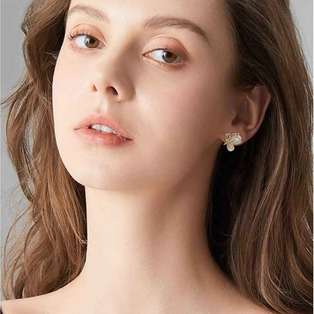 Elegant CZ Butterfly Earrings Crystal Cat’S Eye Stud for Women Gold-Tone 925 Ste
