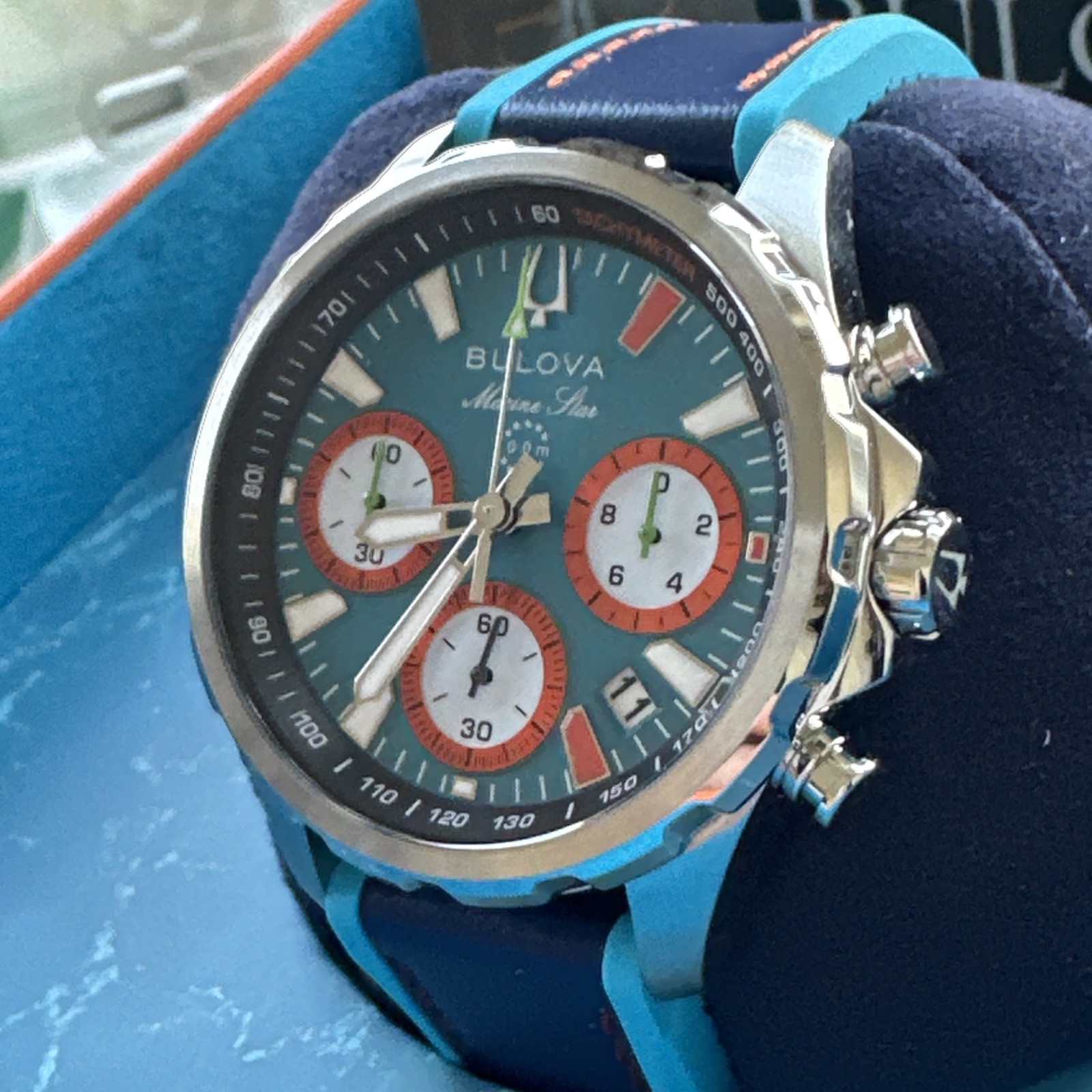 Bulova Men’s Marine Star Chronograph Small Second Quartz Blue Watch 43MM 96B460