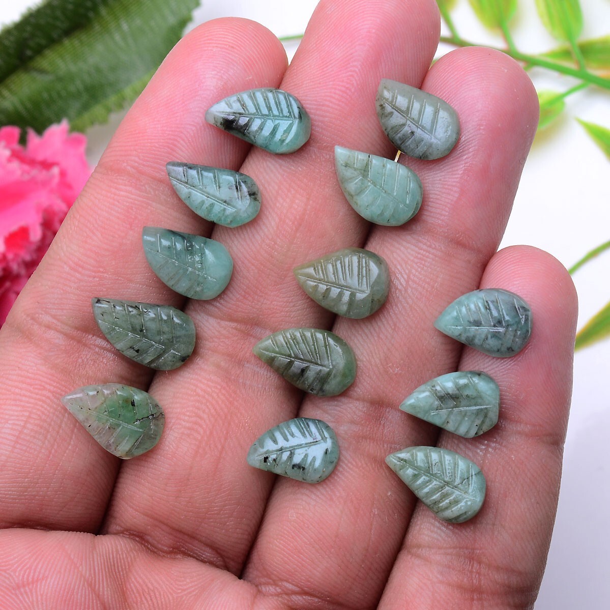 13 Pcs Natural Emerald Untreated 11mm-14mm Leaf Hand Carving Huge Gemstones Lot