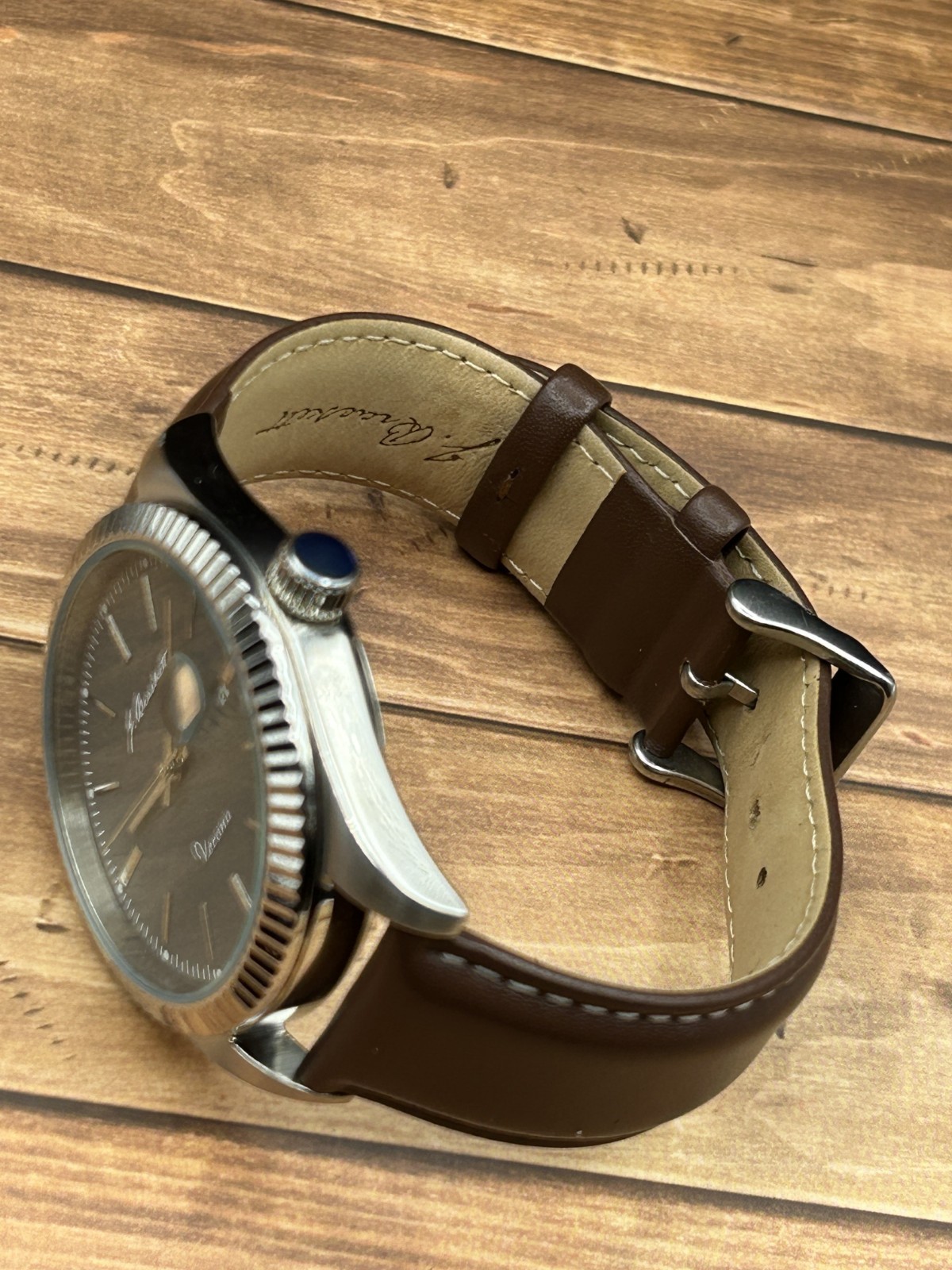 J. Brackett Verona Quartz Analog Date Gray Dial Fluted Bezel Silver Bracelet