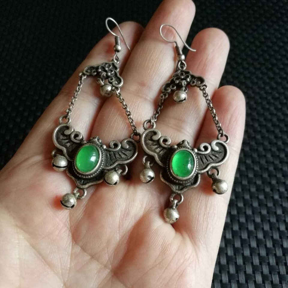 Vintage Court Butterfly Earrings Green Gem Hanfu Qipao Jewelry Pair