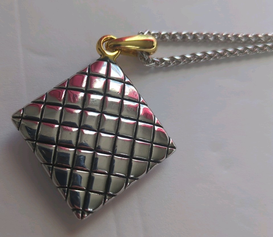 Gorgeous Necklace Square Pendant with Black and Gold Tone And Sliver Chain