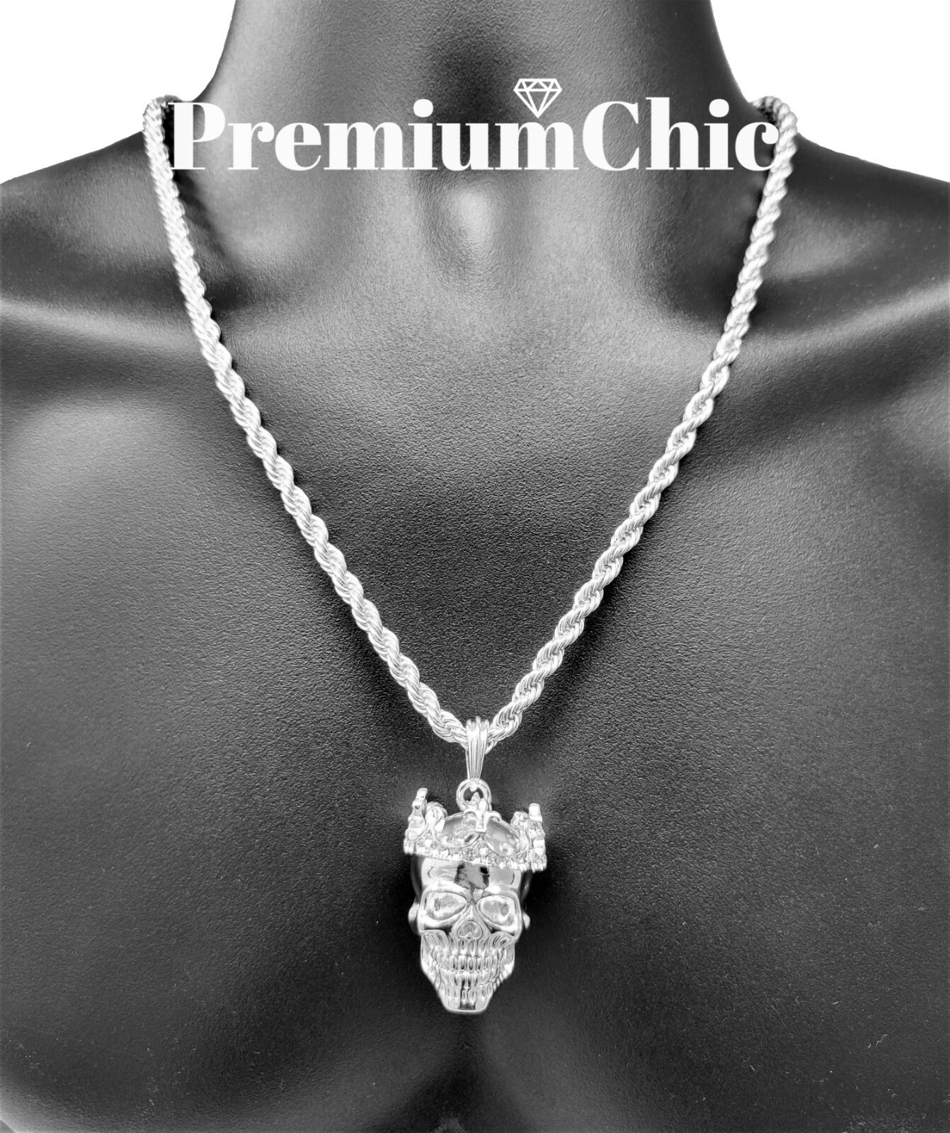 Skull King Pendant Necklace Rope or Tennis Chain Plated CZ Halloween Jewelry