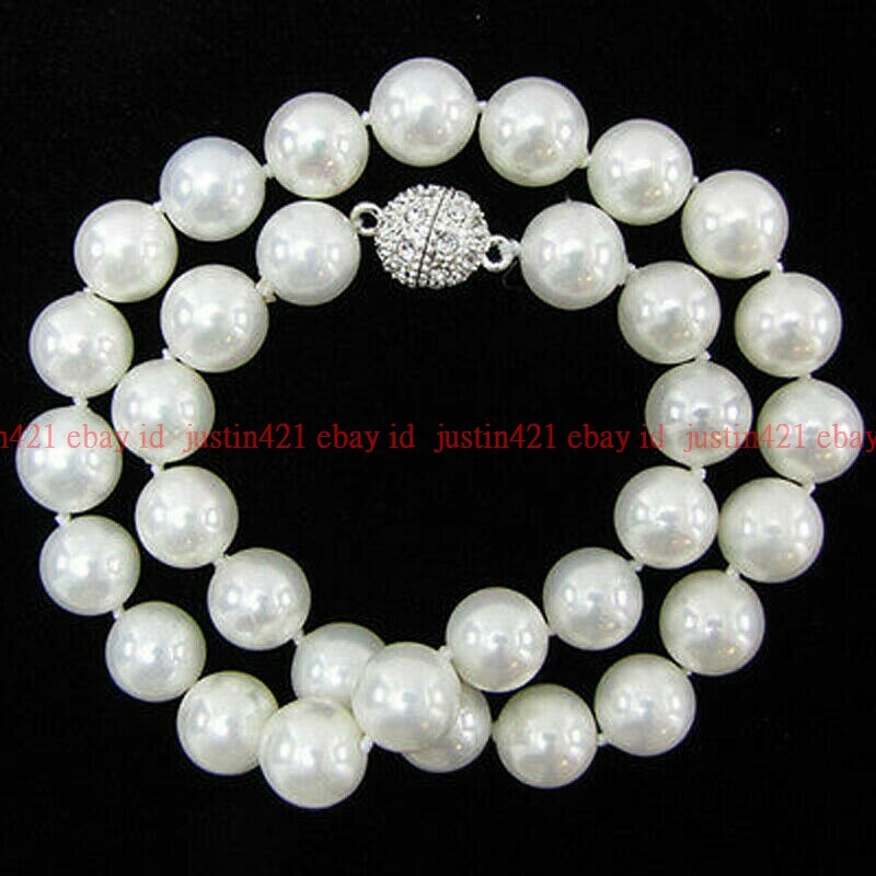 8-12mm Shell Pearl Round Gems Beads Necklace 18″ Magnet Clasp（Not real pearls）