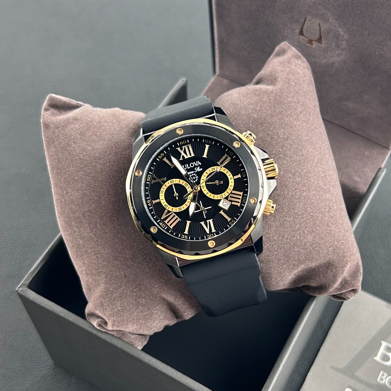 Bulova Marine Star Men’s Black Dial Black Rubber Strap 44mm Quartz Watch 98B278
