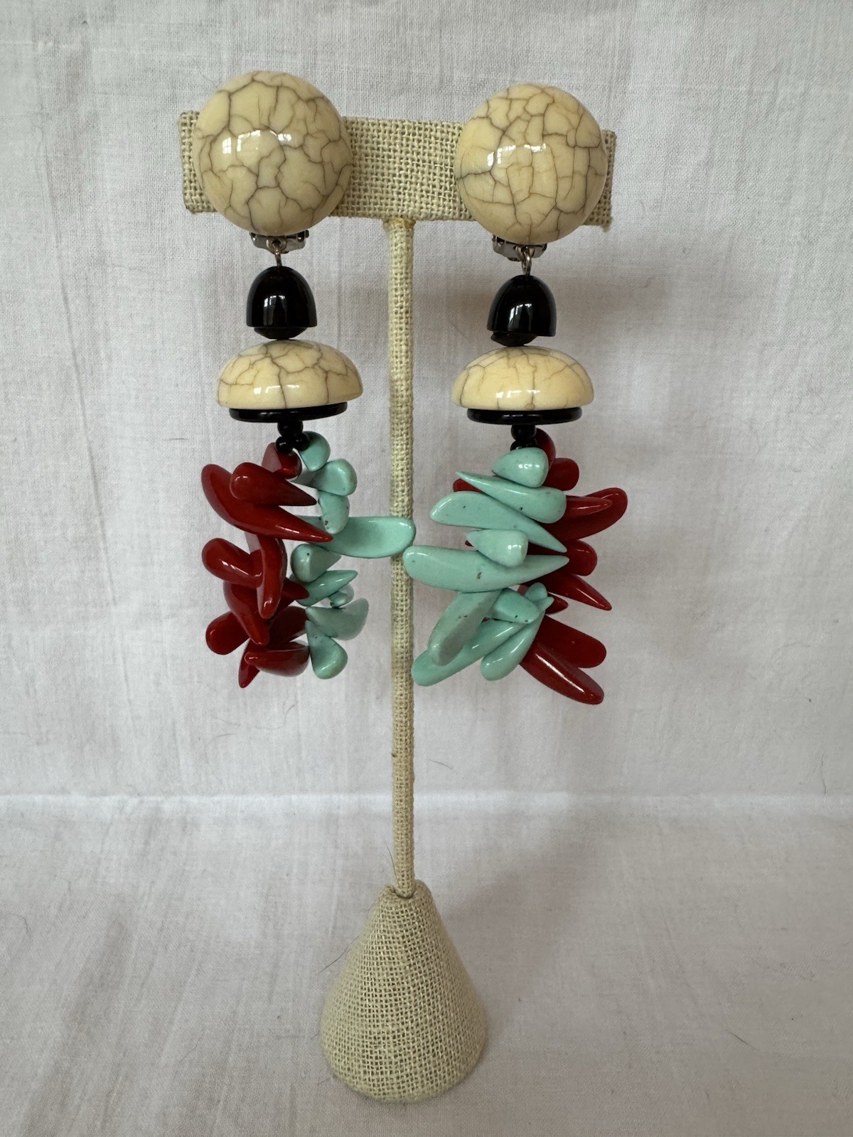 Angela Caputi long earrings ivory black dark red turquoise beads clip Italy