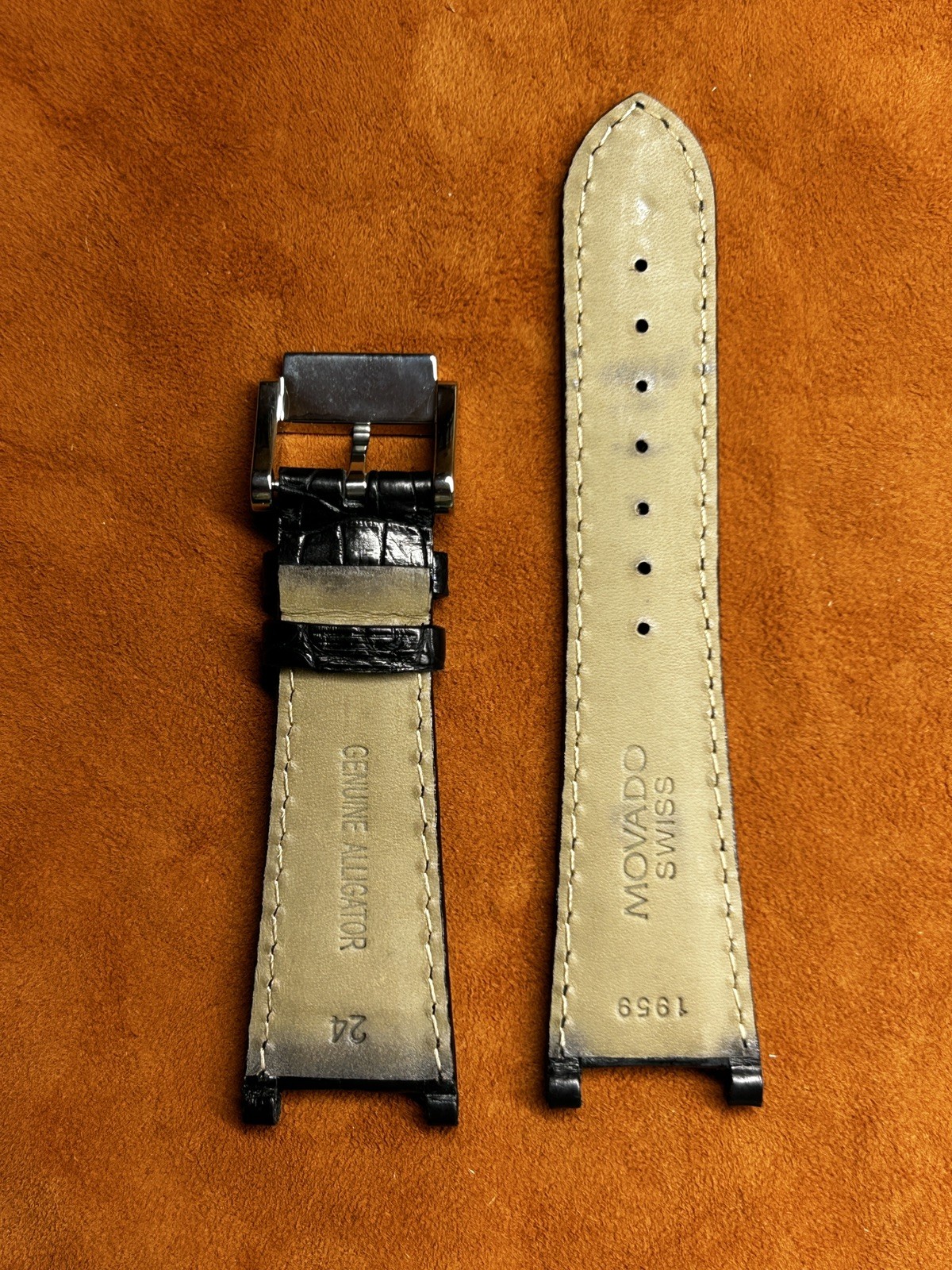 Vintage Movado Notched Black Alligator Leather Watch Band 24mm ref 1959