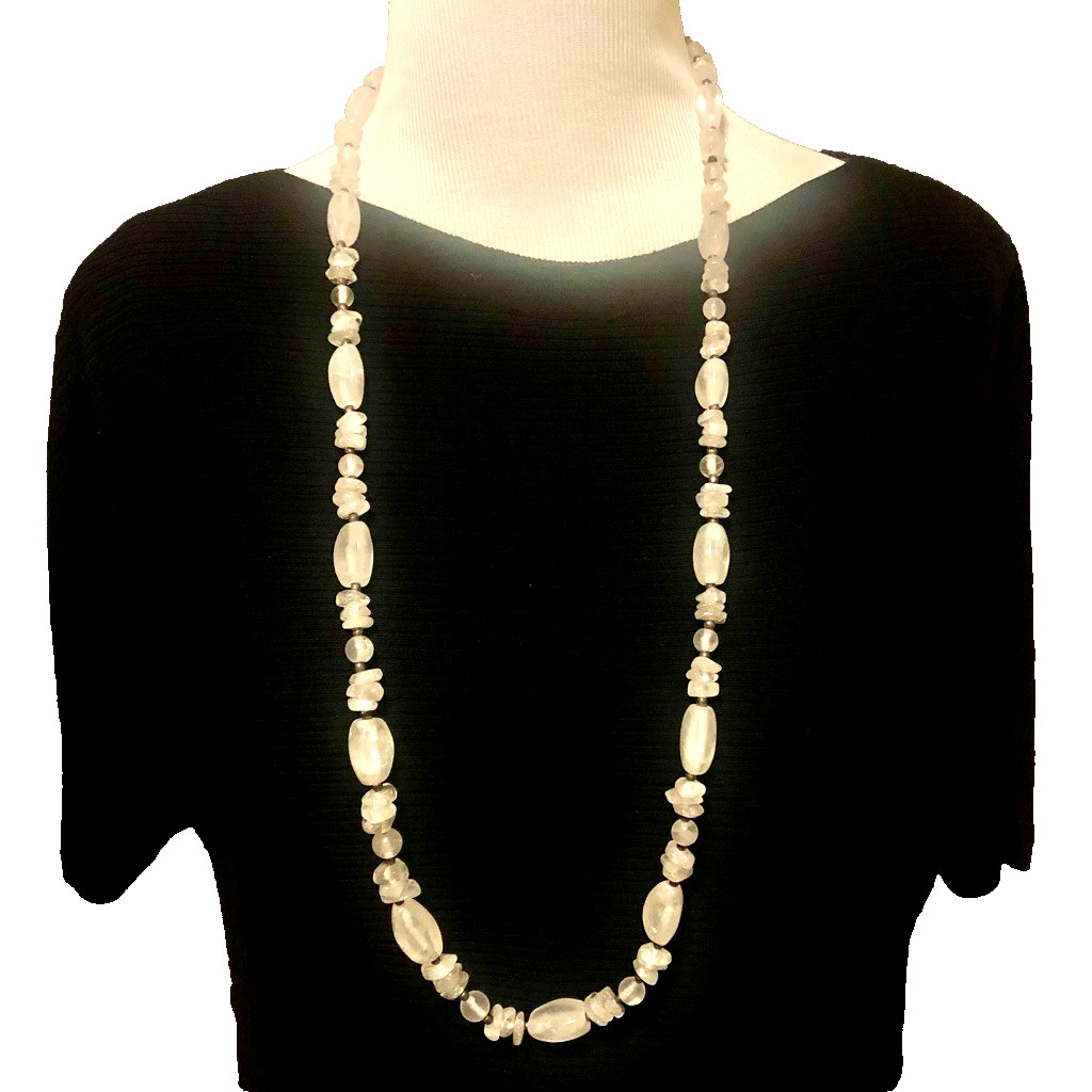 Vintage 34″ QUARTZ Stone BEAD NECKLACE~ White Semi Transparent Polished Ovals
