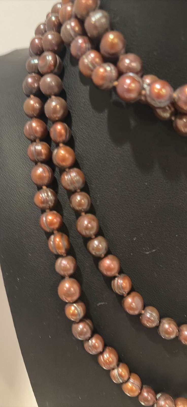 VTG 56” Brown Strand Freshwater Round Pearl Beaded Necklace, Indiv. Knotted