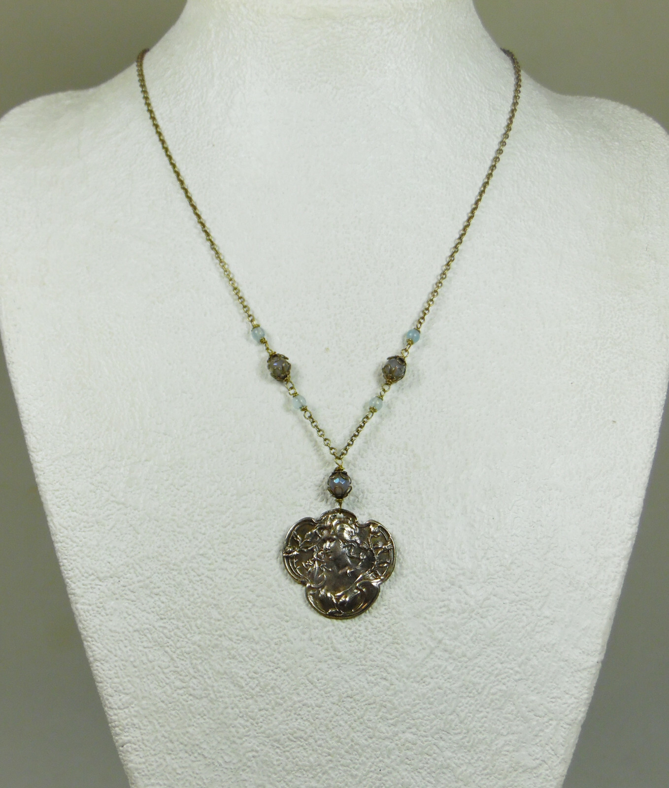 Aged Brass Art Nourveau Lady with Mystic Aura Quartz and Aquamarine Stone Beads
