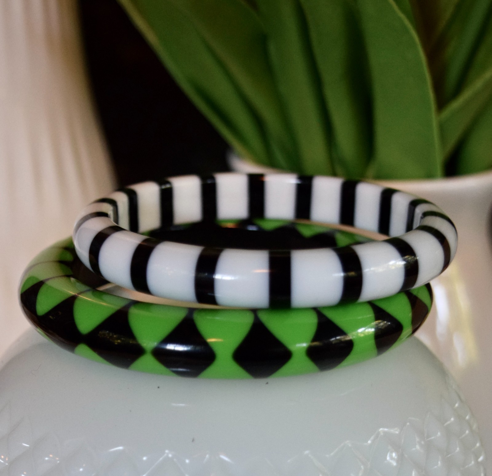 2 Vintage Black, White, Green Plastic Bangle Bracelets #9320