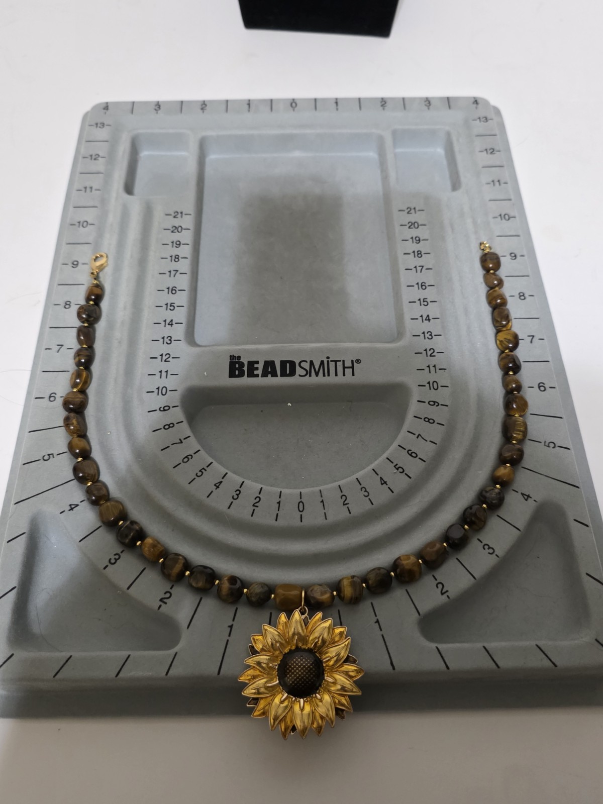 18.5in Earthy Banded Stone Necklace with Golden Sunflower Pendant