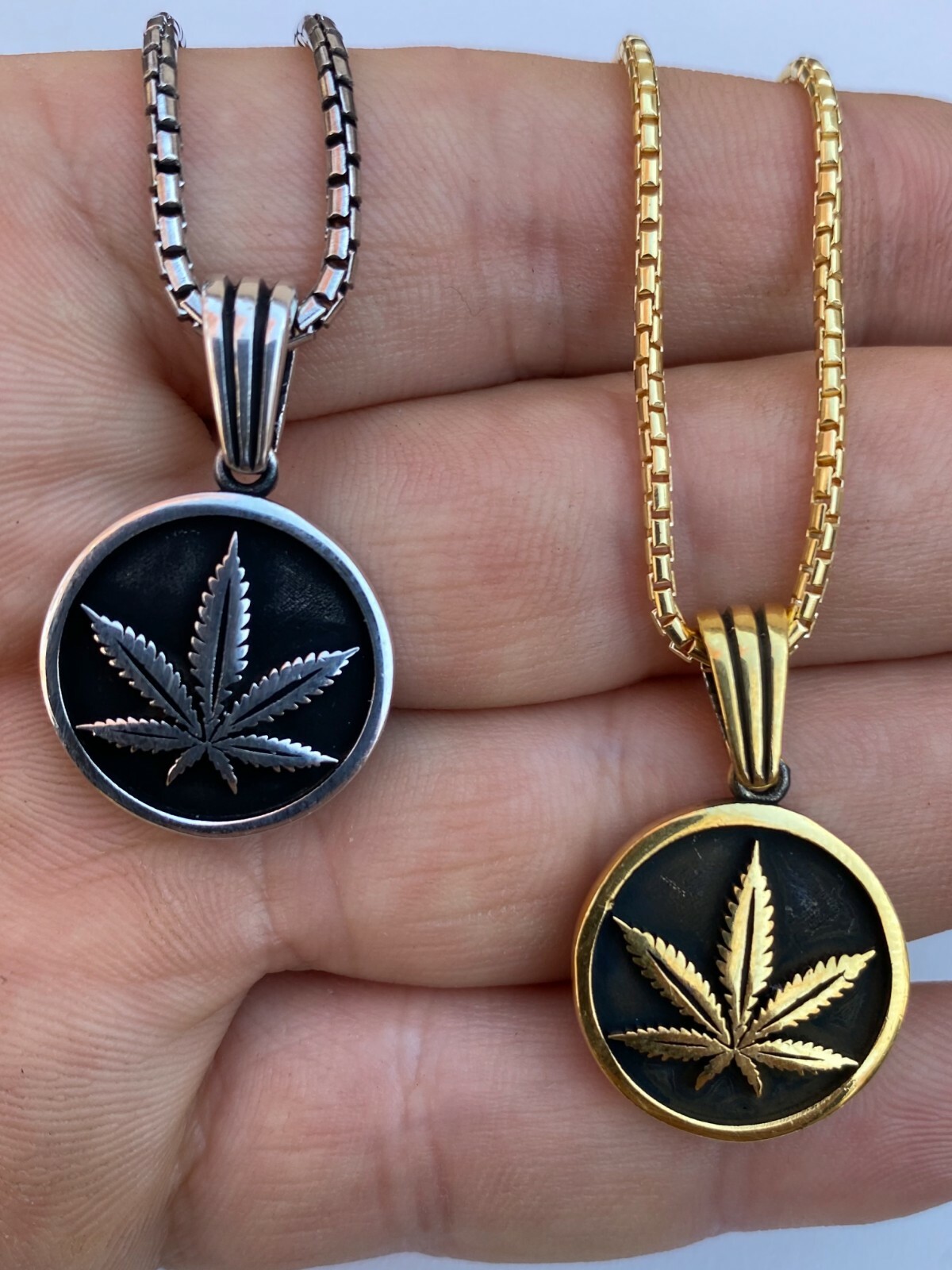 Solid 925 Sterling Silver Marijuana Weed Leaf Pendant Gold Plated Medallion