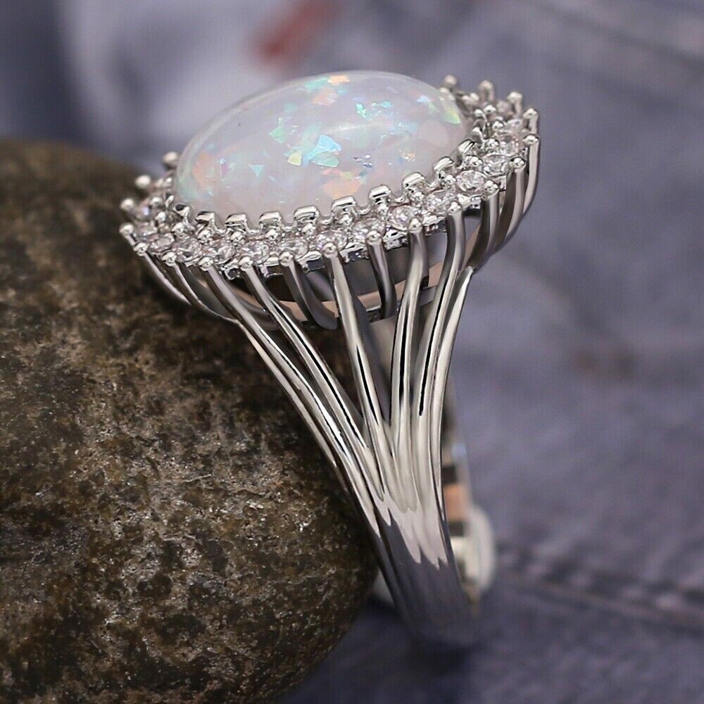 Silver Plated Fire Opal Inlay Christmas Ring 2 CT CZ Vintage Style Unisex Ring