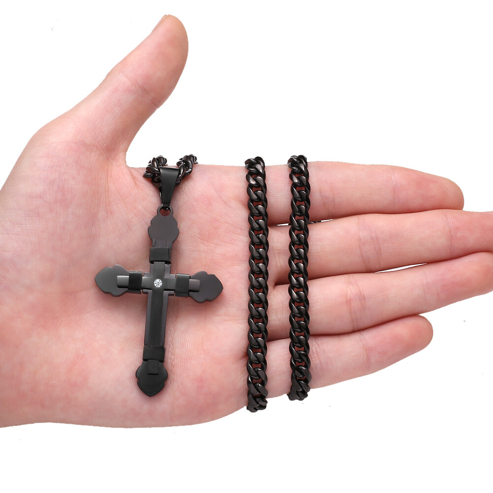 Men Women Stainless Steel Cross Pendant Necklace with CZ 18-34inch 5 Colors