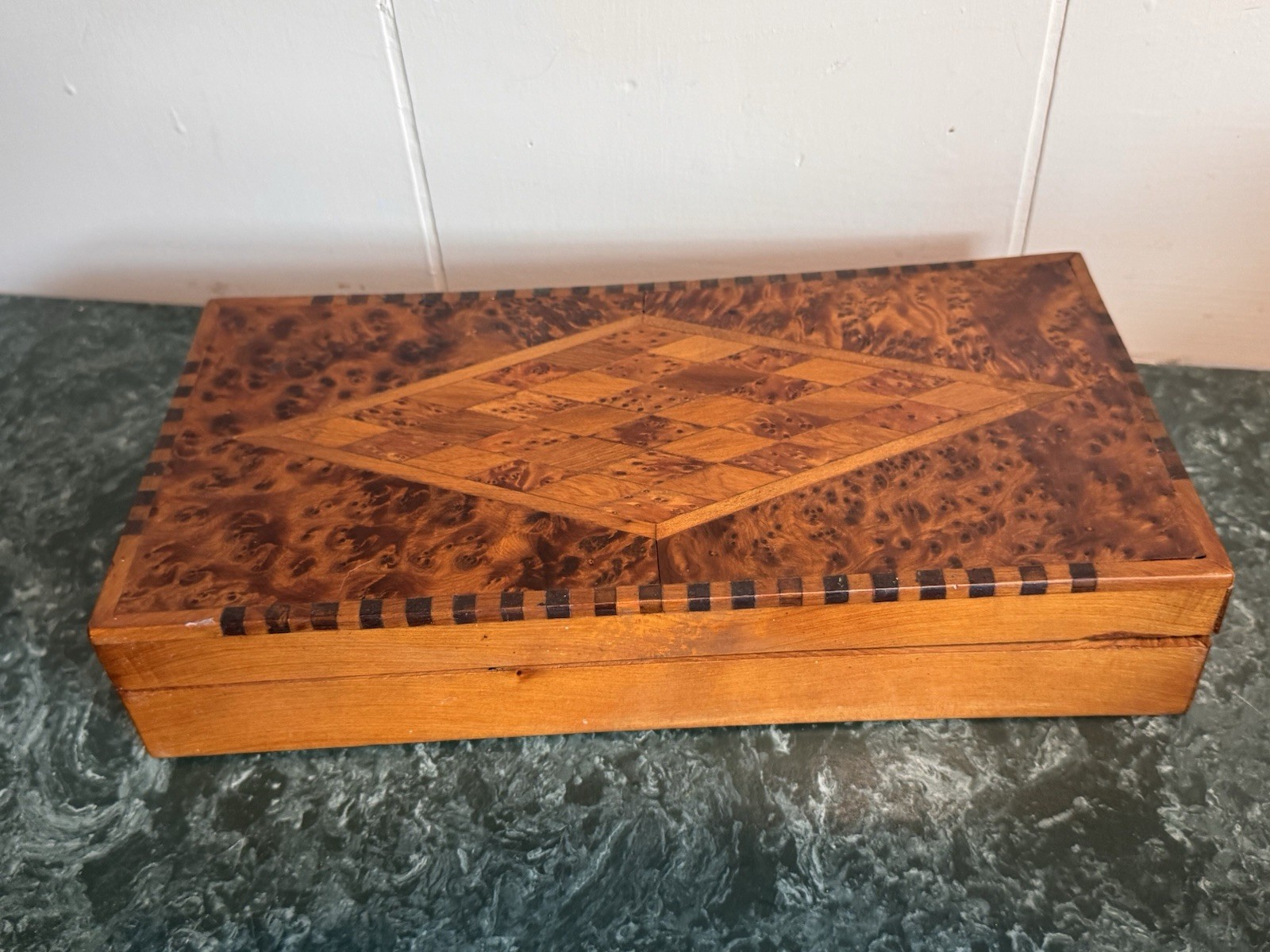 Burl Wood Marquetry Box Valet Jewelry Box MCM Hand Crafted Lined 11 x 5.5 in