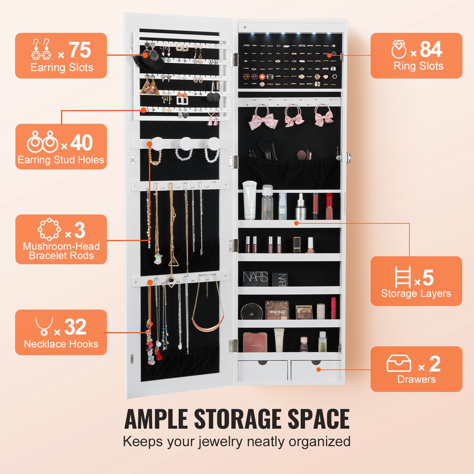 Uimoso Mirror Jewelry Cabinet47.05in Lockable Wall or Door Mounted Armoire White
