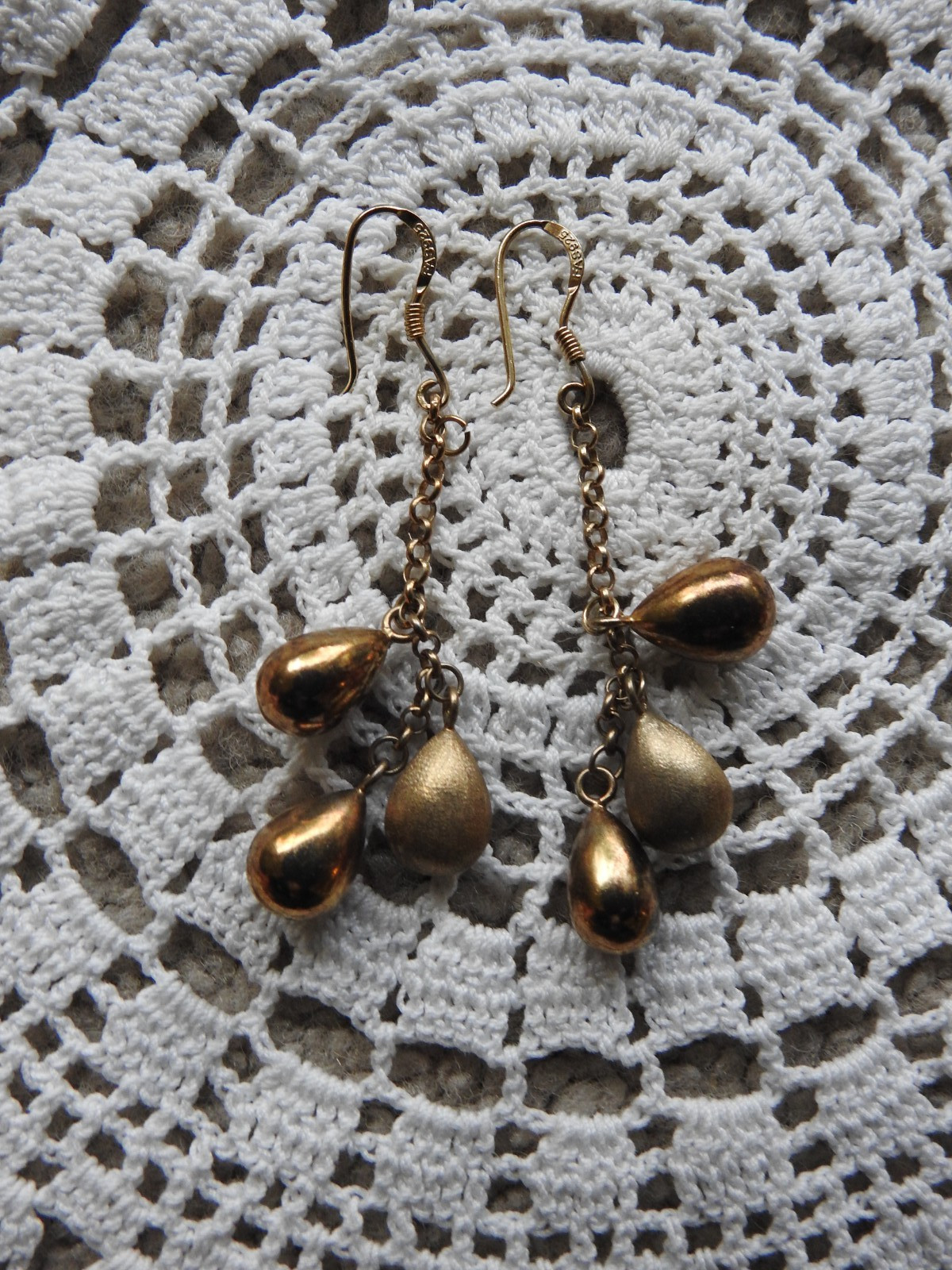 Stamped FAS 925 Sterling Satin & Brushed Teardrop Dangle Hook Pierced Earrings