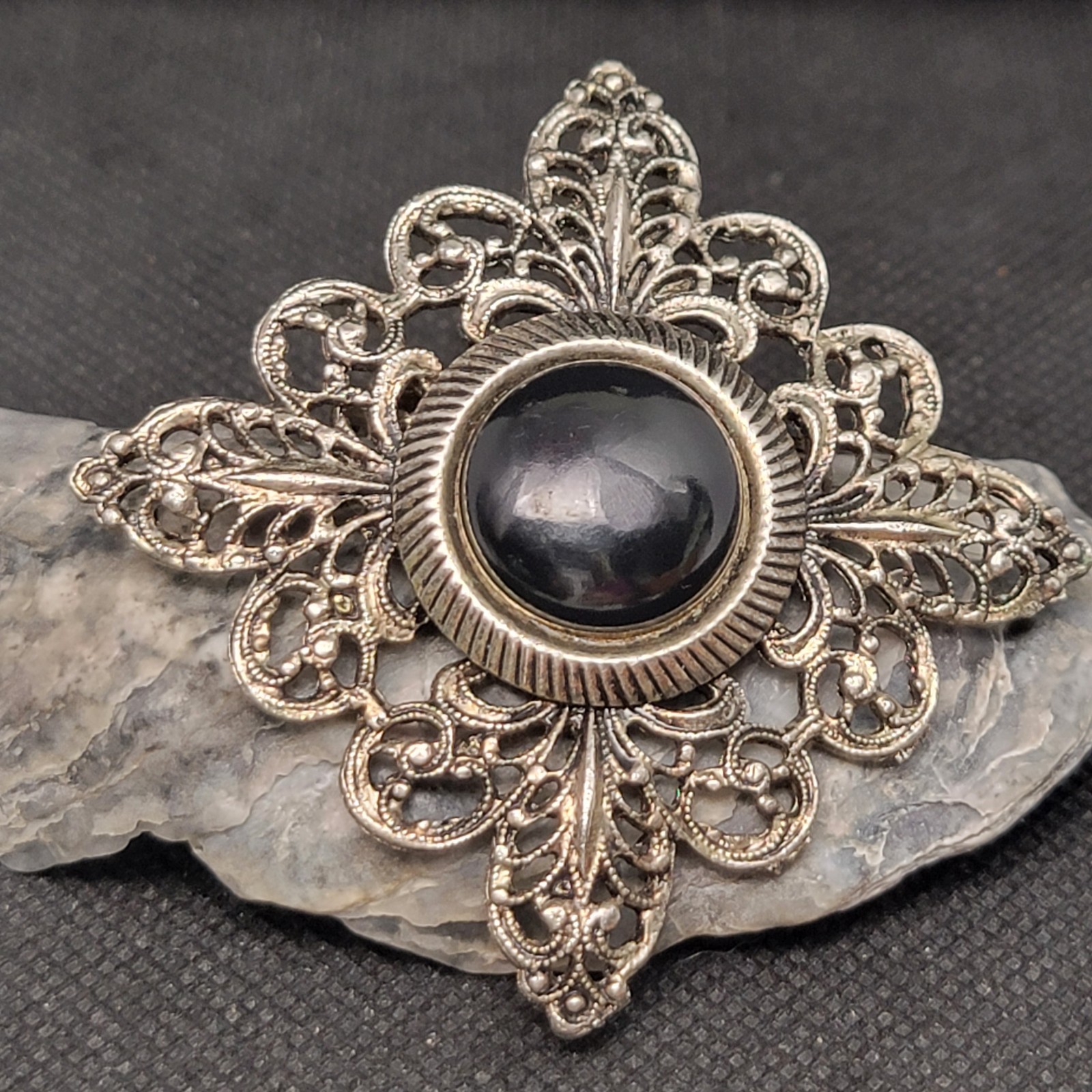Vintage Brooch Silver Tone Filigree Black Center Gothic Victorian Revival Pin