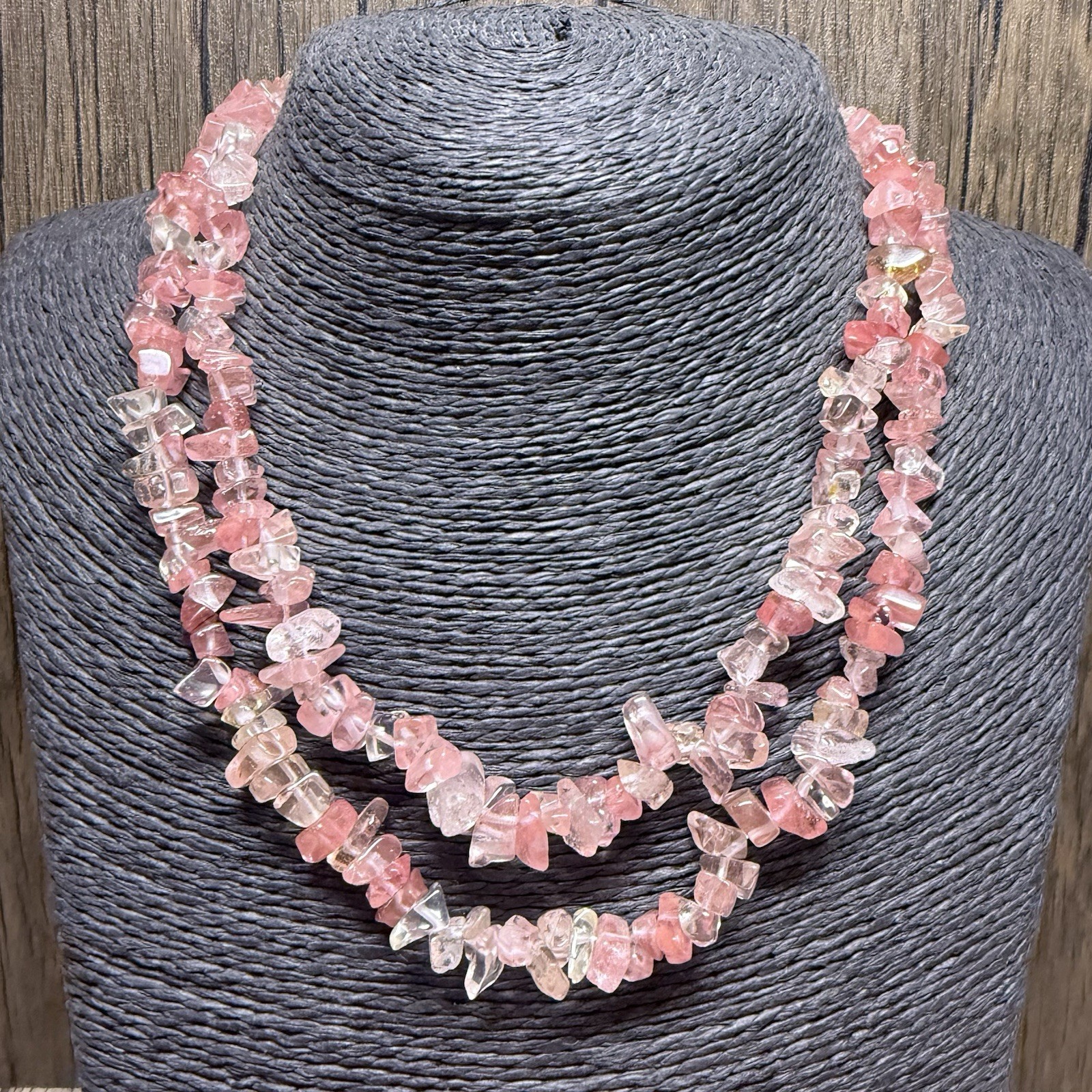 RETRO Cherry/Rose Quartz Beaded Necklace Pink Gemstone Kitsch Pretty 92cm Long