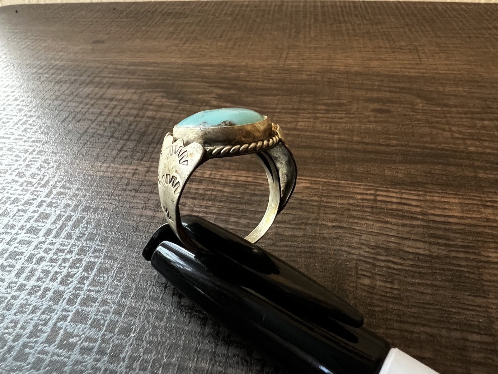 Silver Tone Signet Cocktail Ring Blue Oval Turquoise Bezel Set Size 11