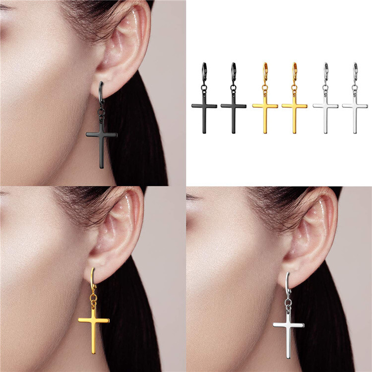 2pc Men Women Stainless Steel Slim Cross Dangle Drop Huggie Earrings Hinged Hoop
