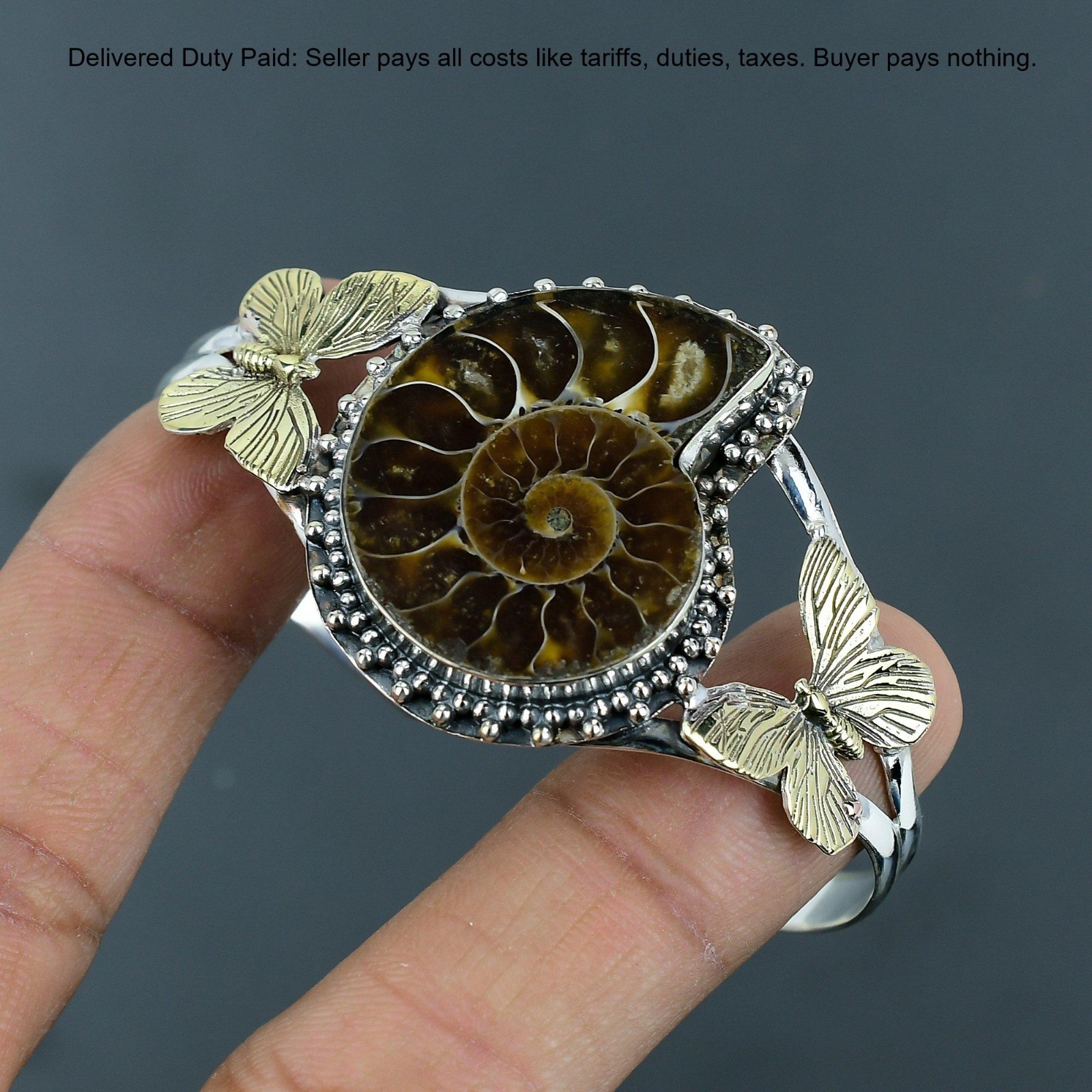 Christmas Deal Ammonite Fossil Gemstone Bezel Bangle Jewelry 925 Sterling Silver