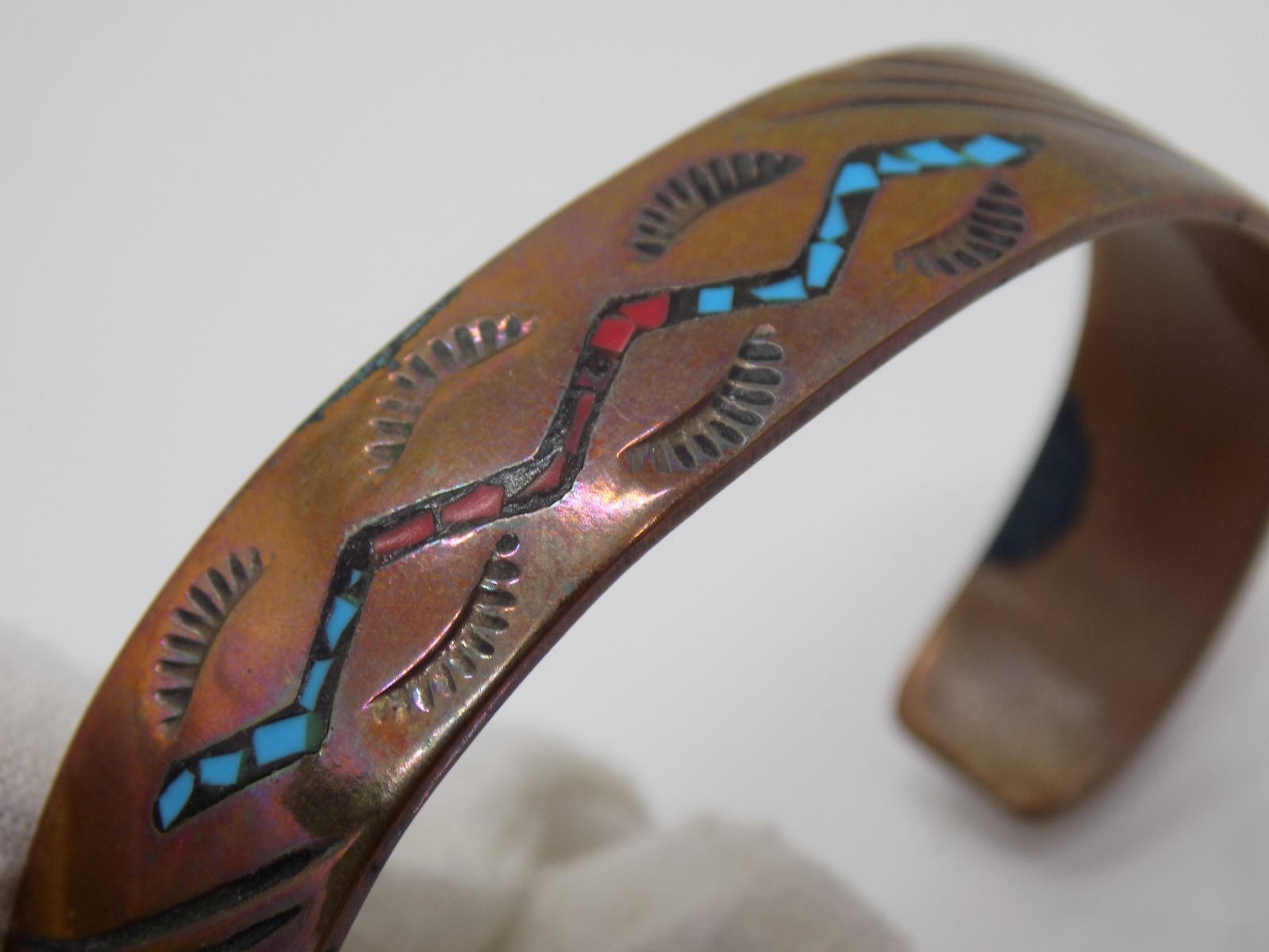 vtg Diné Navajo Willie Nezzie WN Copper Turquoise Coral Inlay Cuff Bracelet